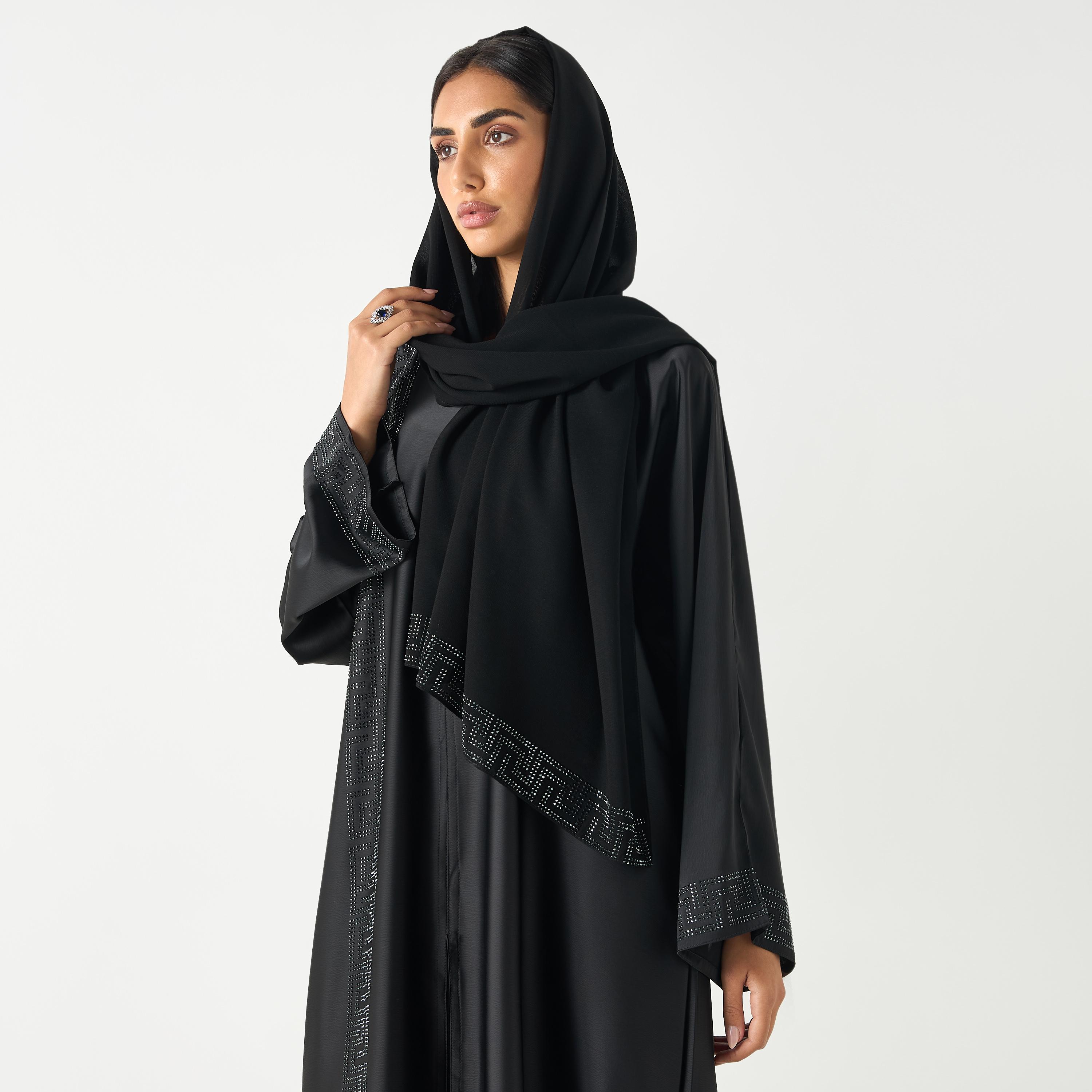 Hadiyath Al Madinah Embellished V-neck Abaya with Hijab-women-arabicclothing-abayas-image-2