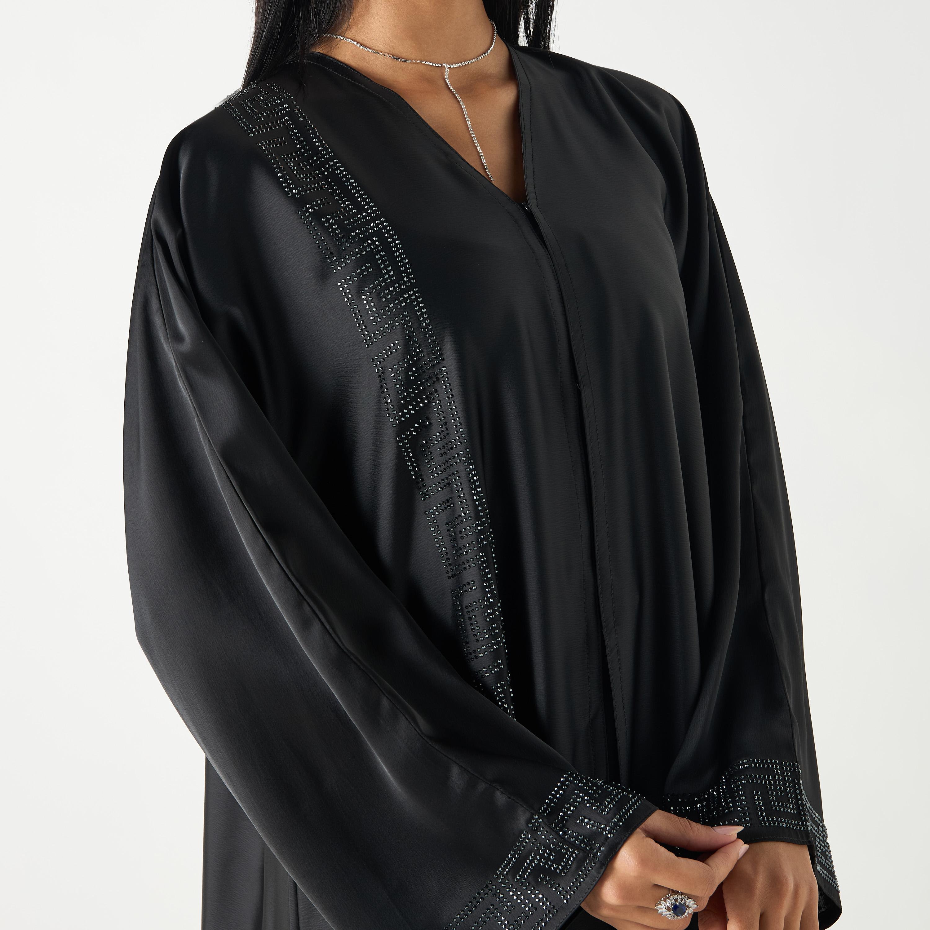 Hadiyath Al Madinah Embellished V-neck Abaya with Hijab-women-arabicclothing-abayas-image-3