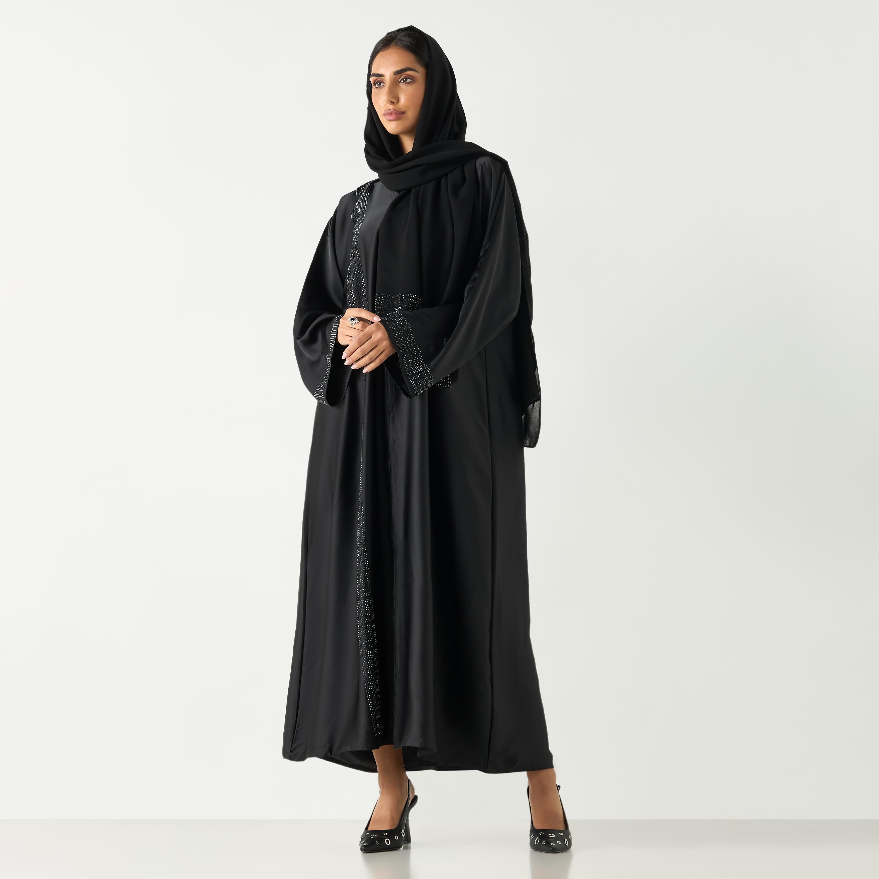 Hadiyath Al Madinah Embellished V-neck Abaya with Hijab-women-arabicclothing-abayas-image-4