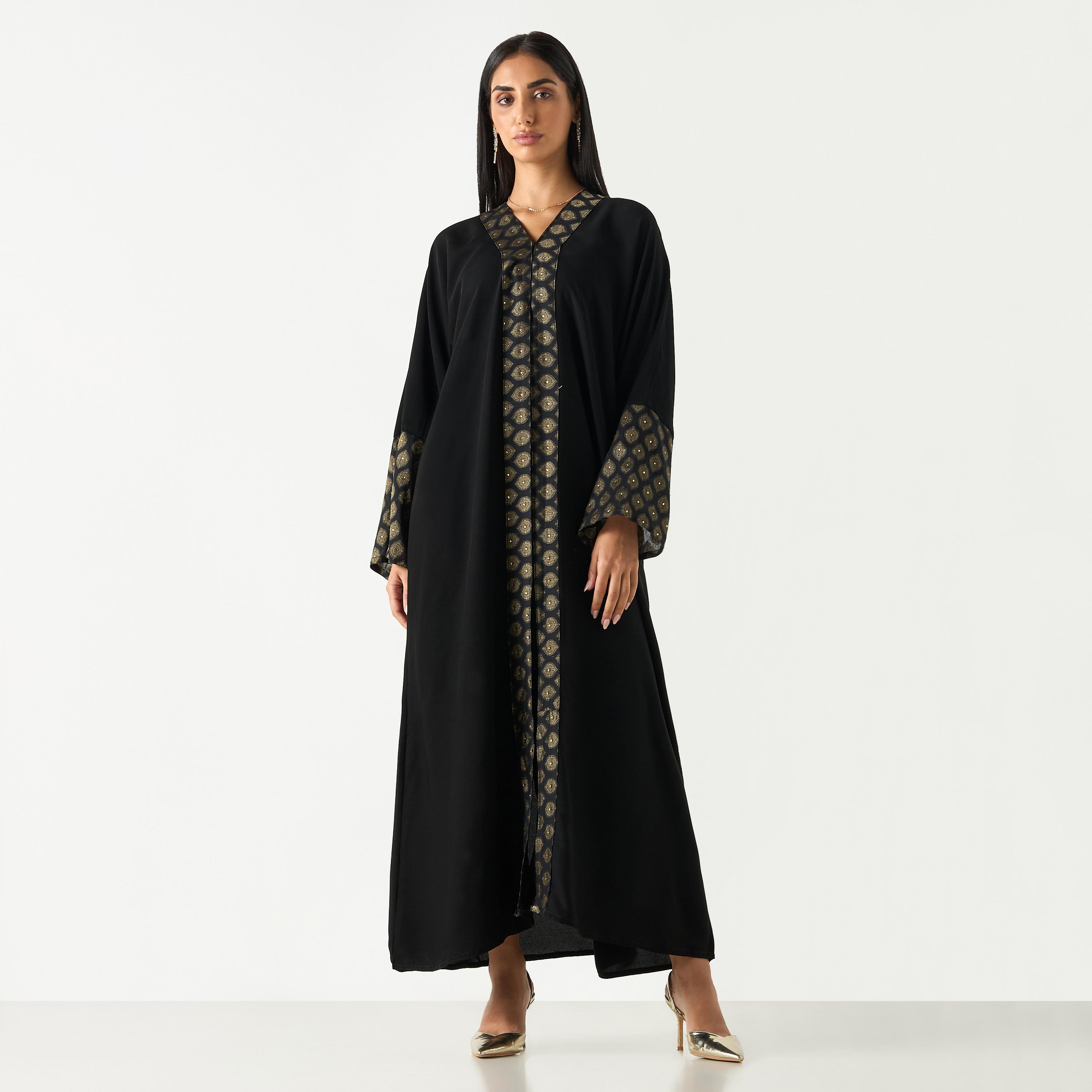Hadiyath Al Madinah Panelled V-neck Abaya with Hijab-women-arabicclothing-abayas-image-1