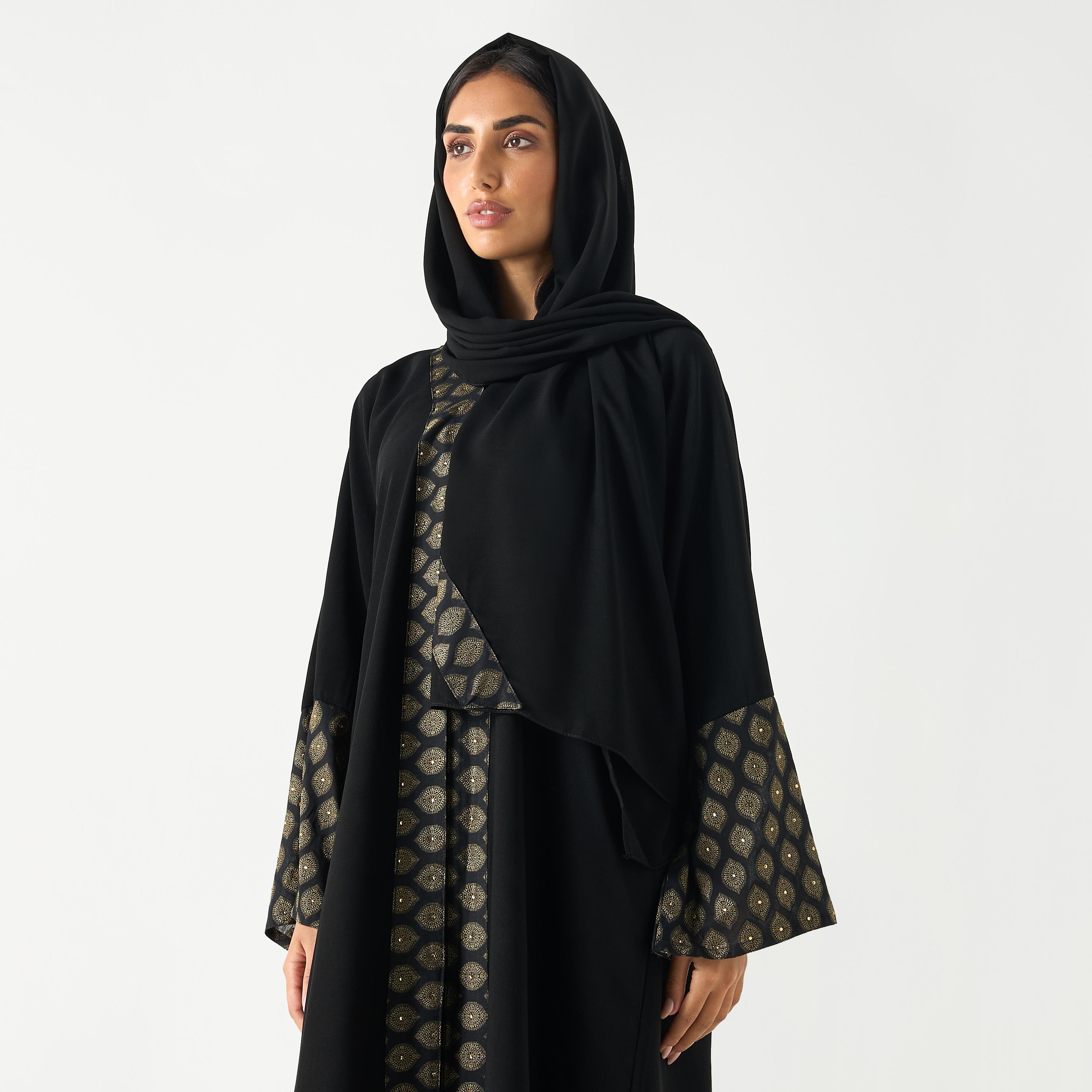Hadiyath Al Madinah Panelled V-neck Abaya with Hijab-women-arabicclothing-abayas-image-2