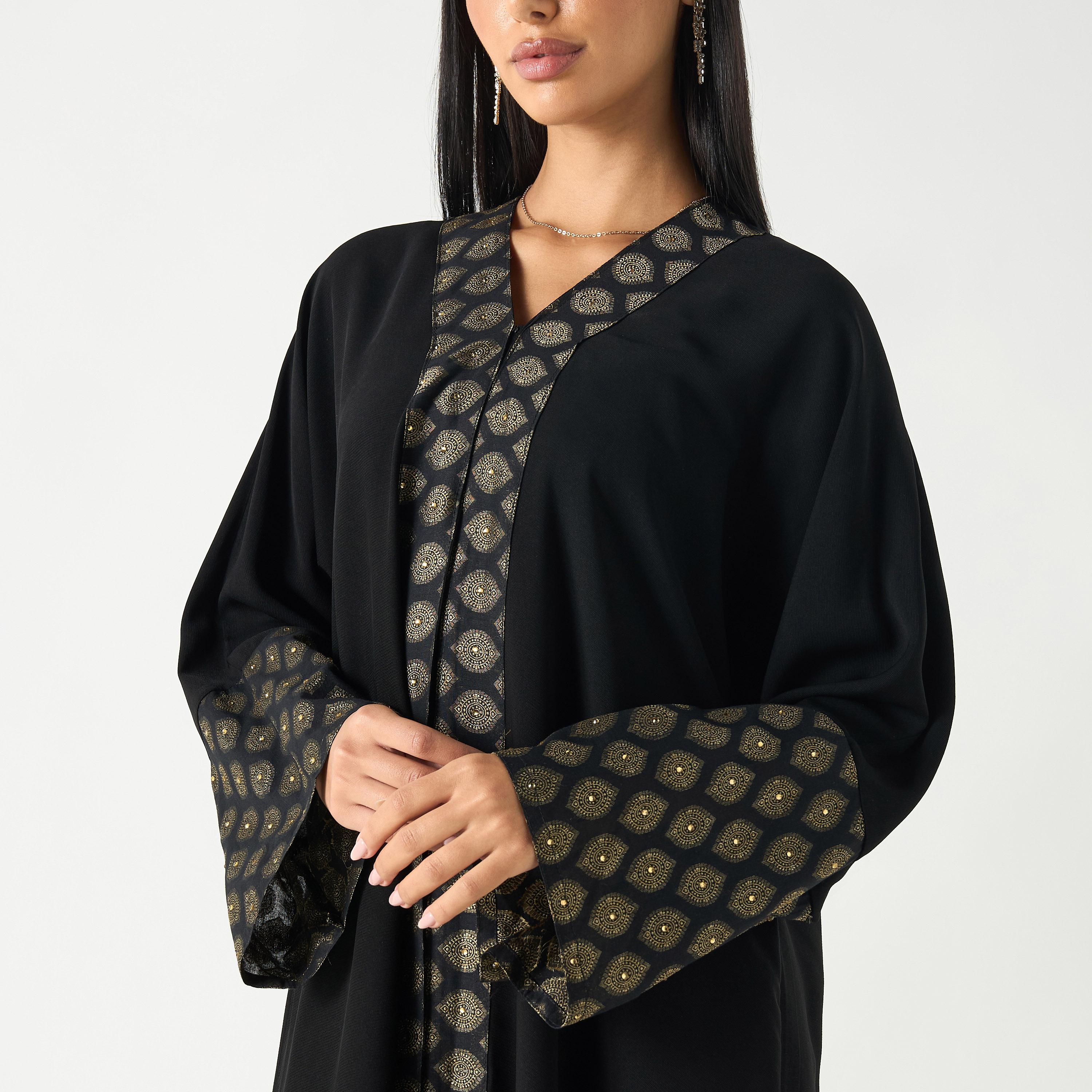 Hadiyath Al Madinah Panelled V-neck Abaya with Hijab-women-arabicclothing-abayas-image-3
