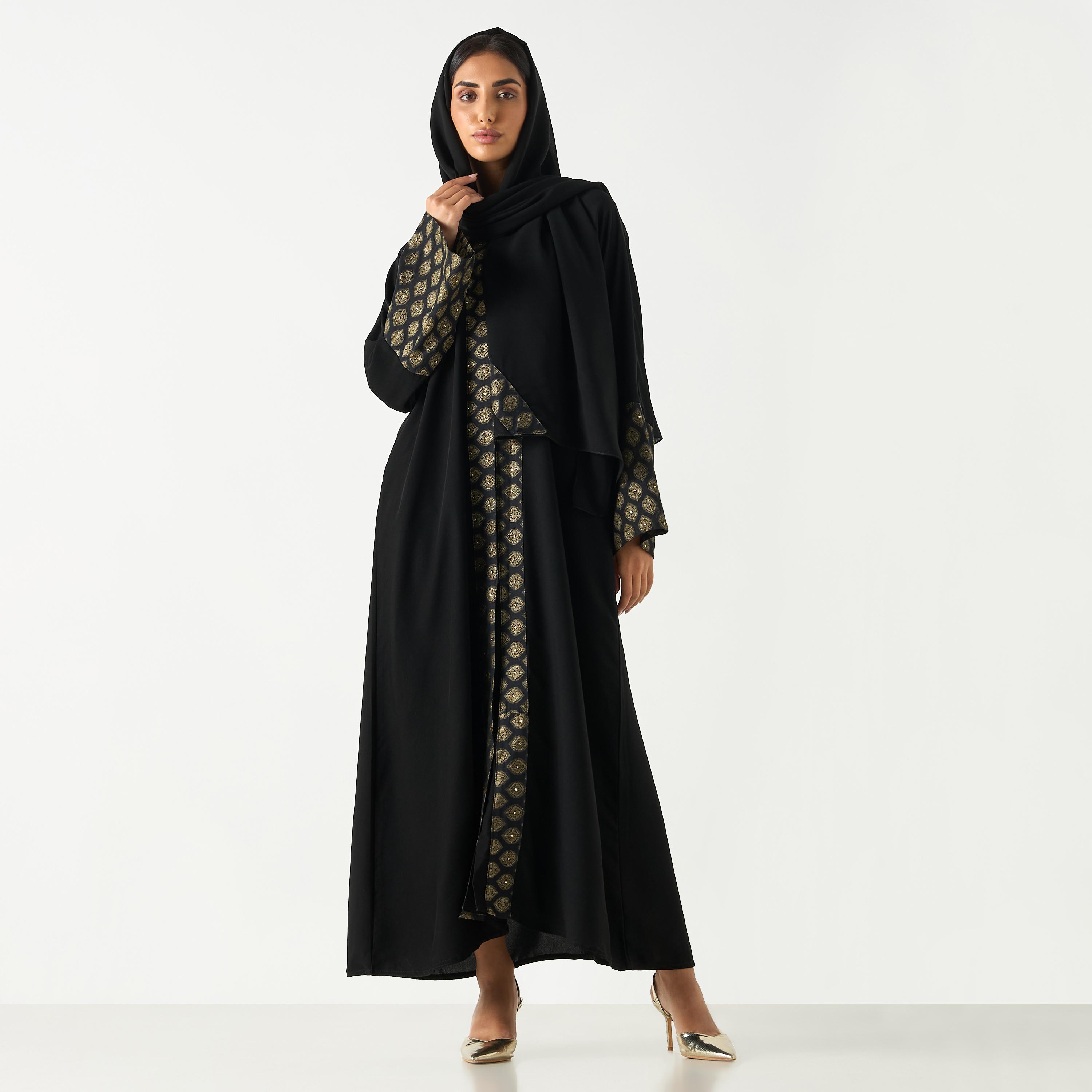 Hadiyath Al Madinah Panelled V-neck Abaya with Hijab-women-arabicclothing-abayas-image-4