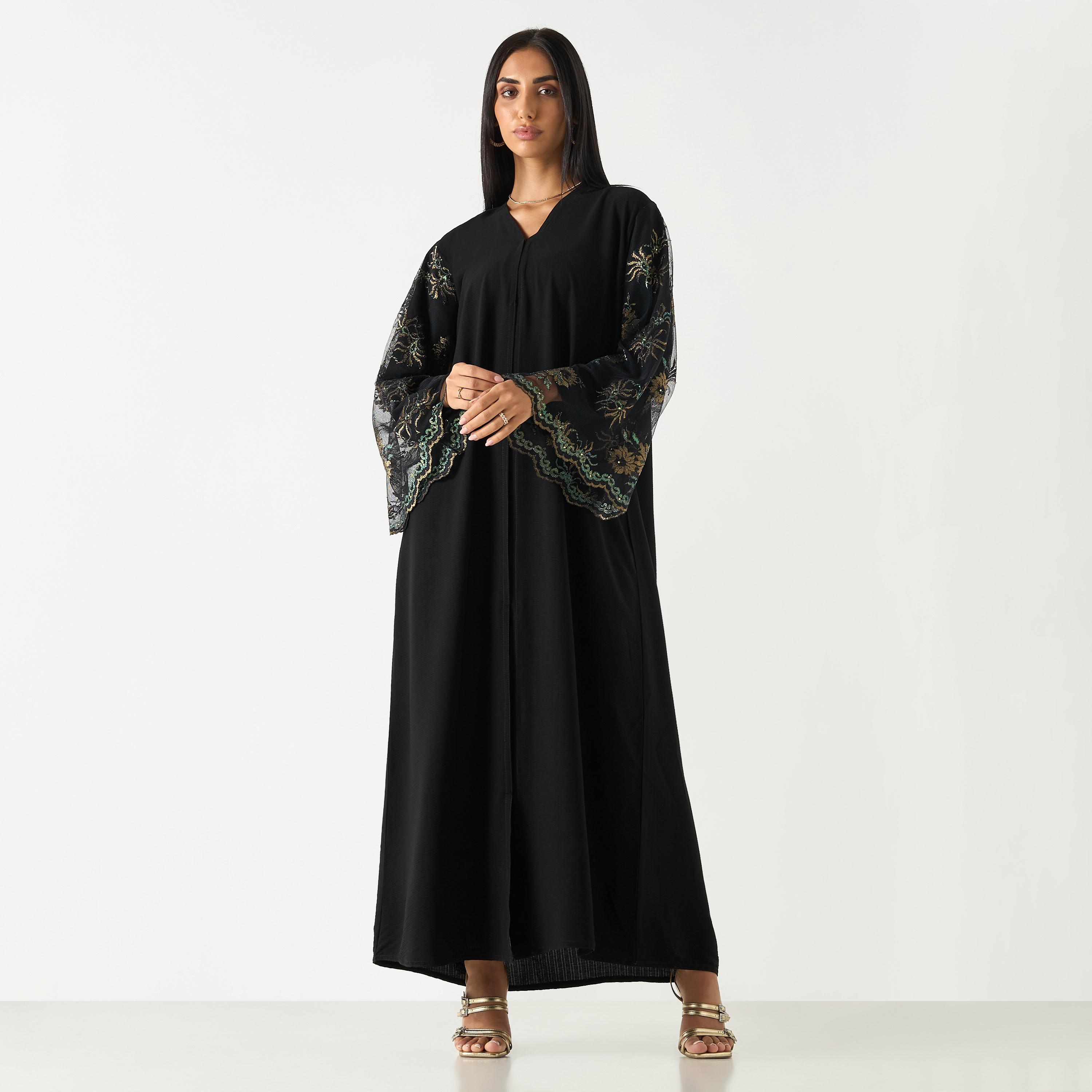 عباية مزيّنة بياقة V وحجاب من هدية المدينة-women-arabicclothing-abayas-image-1