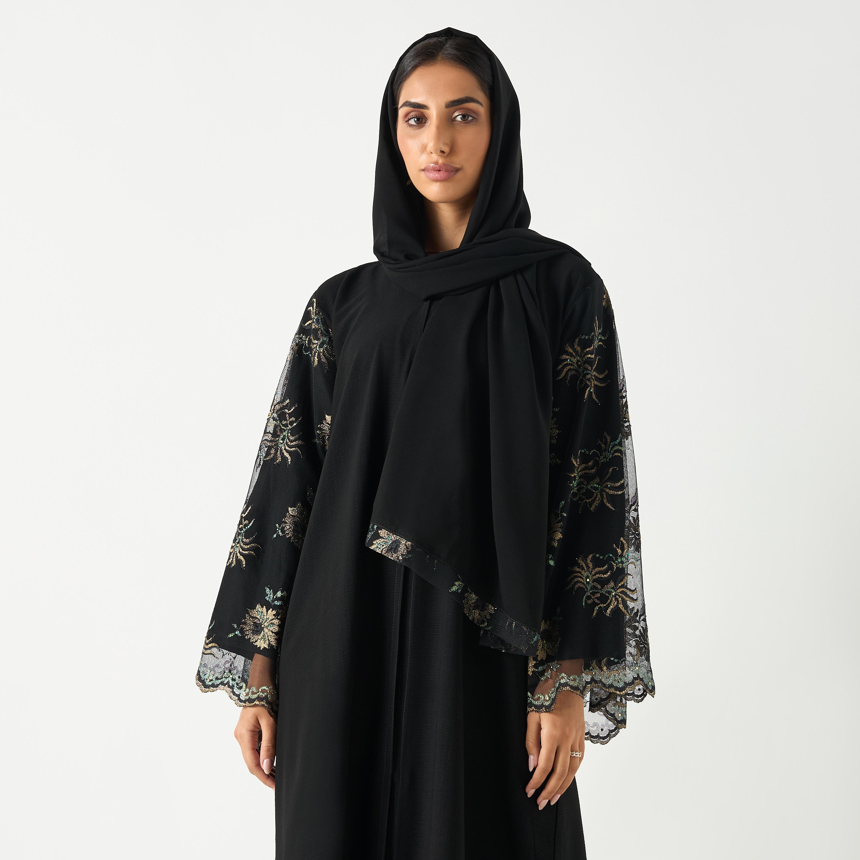 عباية مزيّنة بياقة V وحجاب من هدية المدينة-women-arabicclothing-abayas-image-2