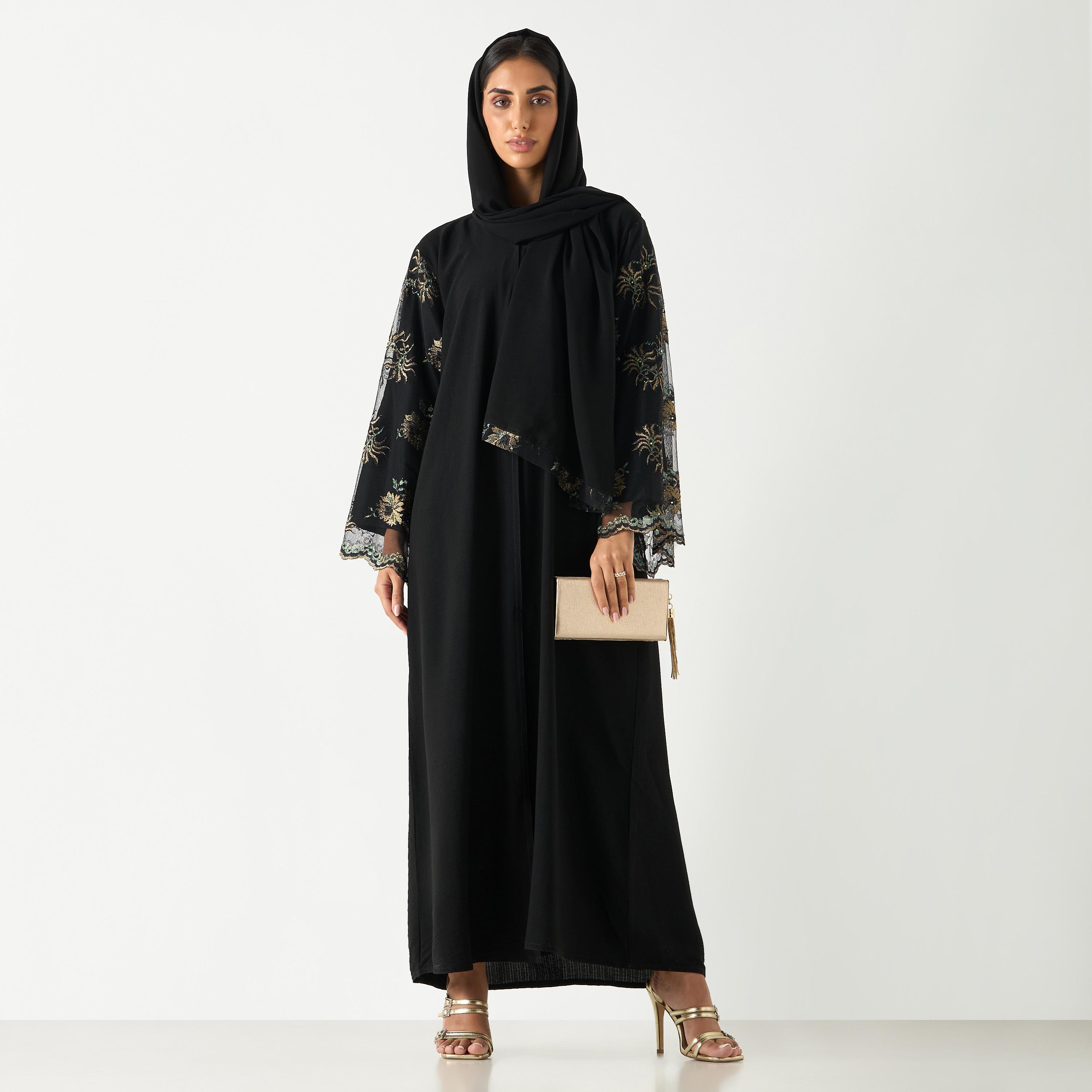عباية مزيّنة بياقة V وحجاب من هدية المدينة-women-arabicclothing-abayas-image-4