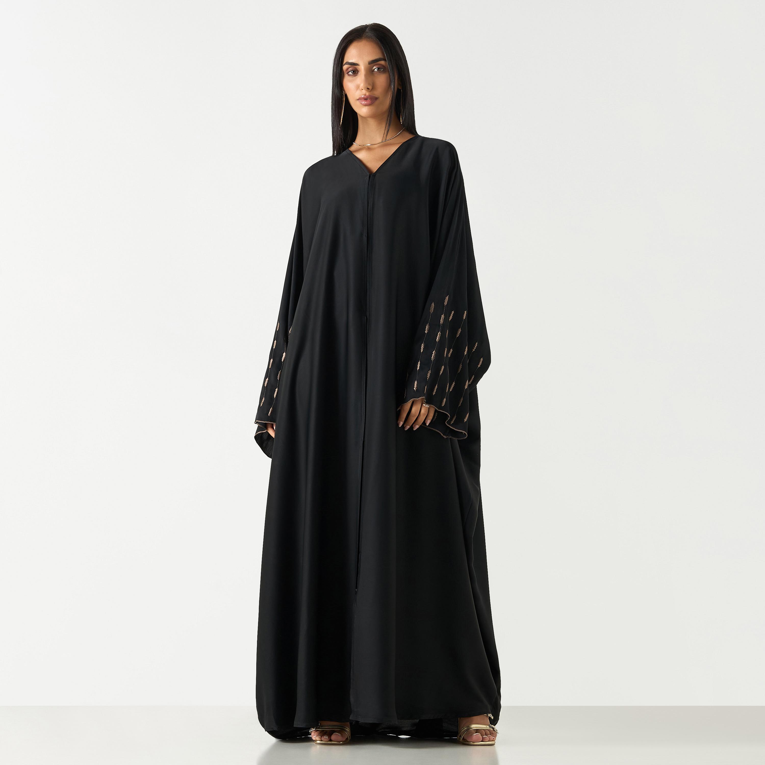 Hadiyth Al Madinah Embroidered V-neck Abaya with Hijab-women-arabicclothing-abayas-image-1
