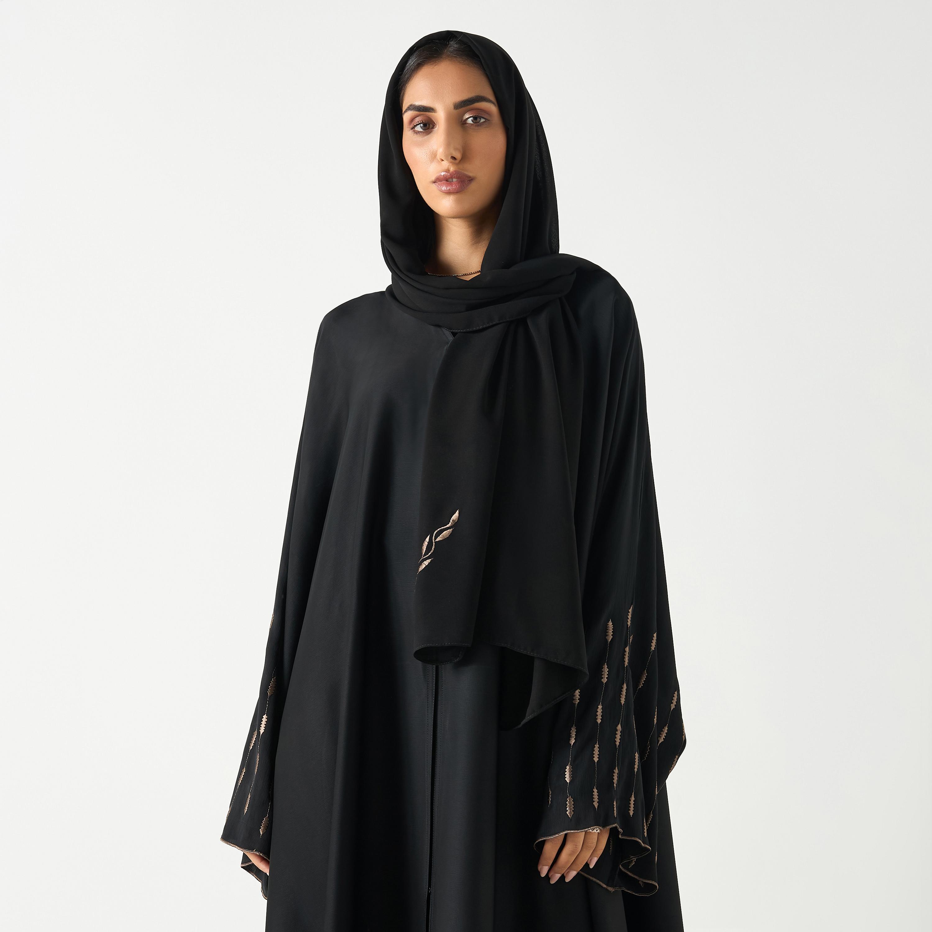 Hadiyth Al Madinah Embroidered V-neck Abaya with Hijab-women-arabicclothing-abayas-image-2