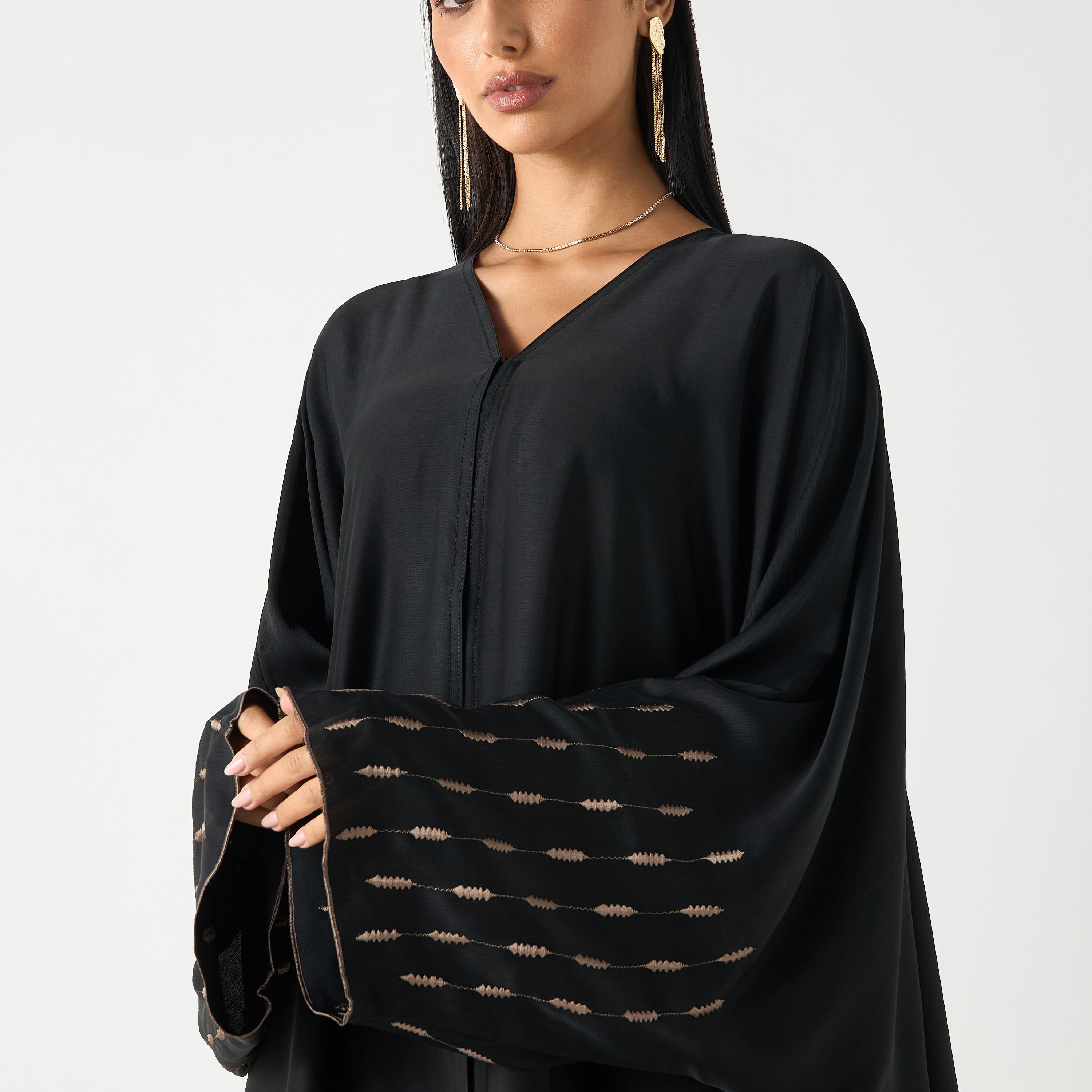 Hadiyth Al Madinah Embroidered V-neck Abaya with Hijab-women-arabicclothing-abayas-image-3
