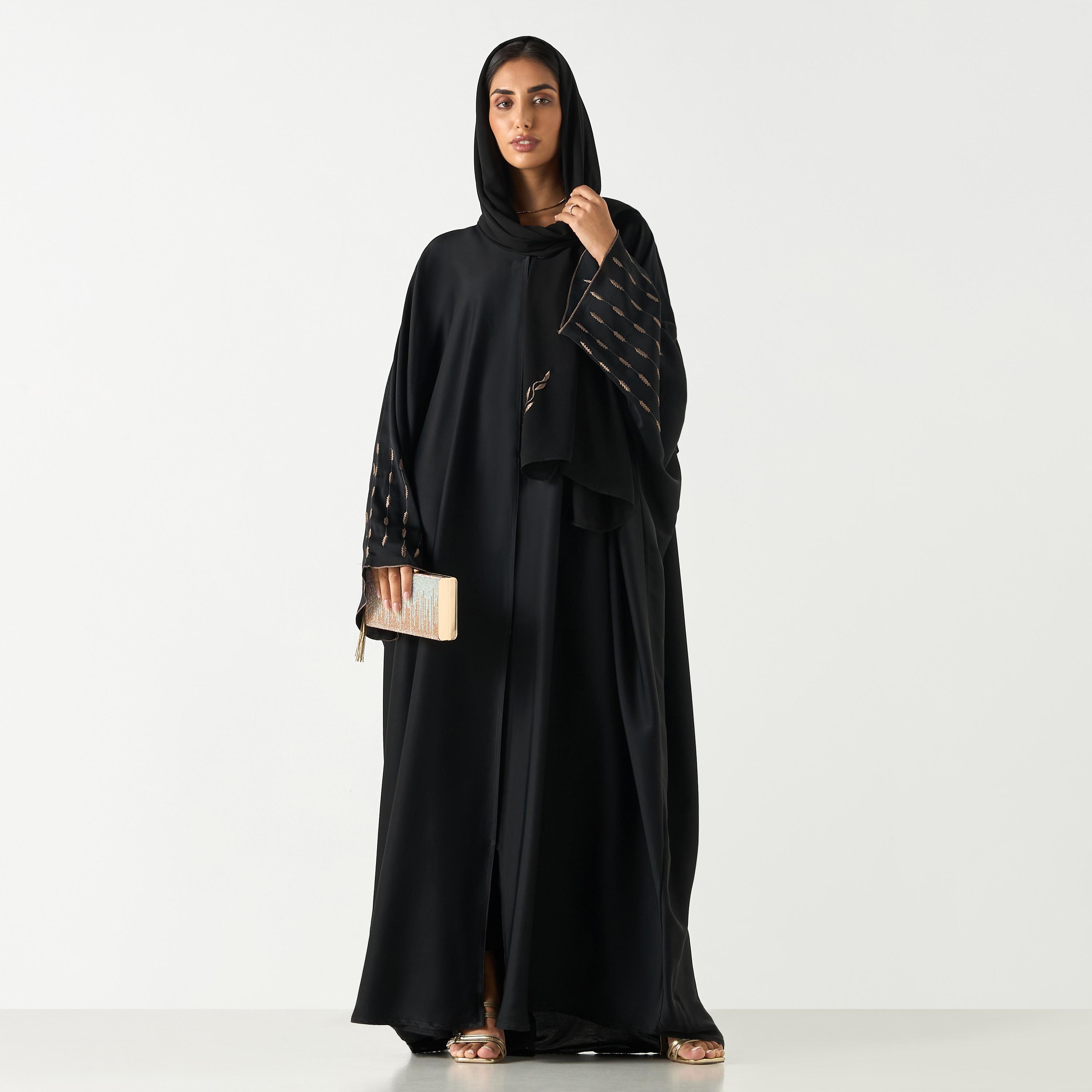 Hadiyth Al Madinah Embroidered V-neck Abaya with Hijab-women-arabicclothing-abayas-image-4