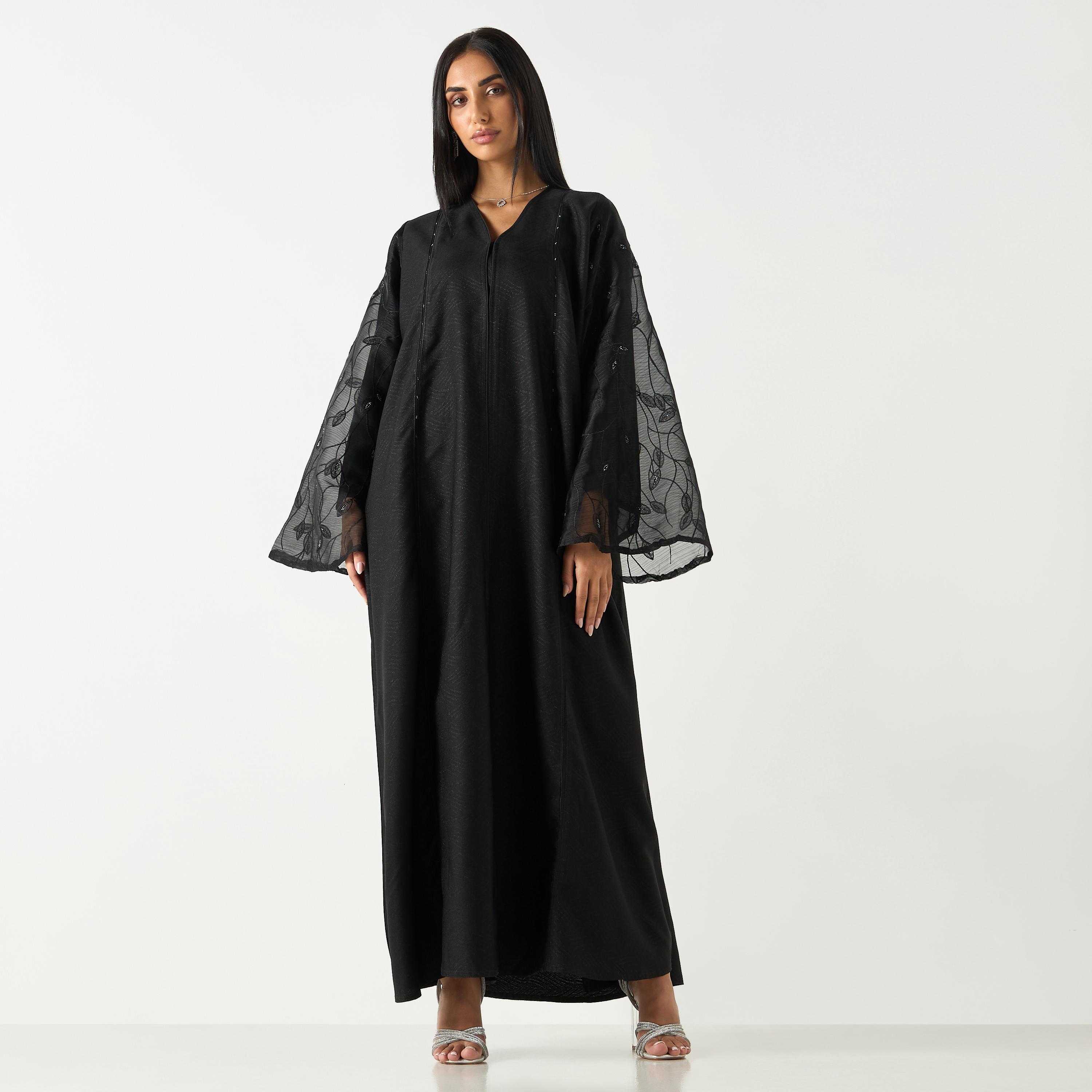 Hadiyath Al Madinah Embroidered V-neck Abaya with Hijab-women-arabicclothing-abayas-image-1