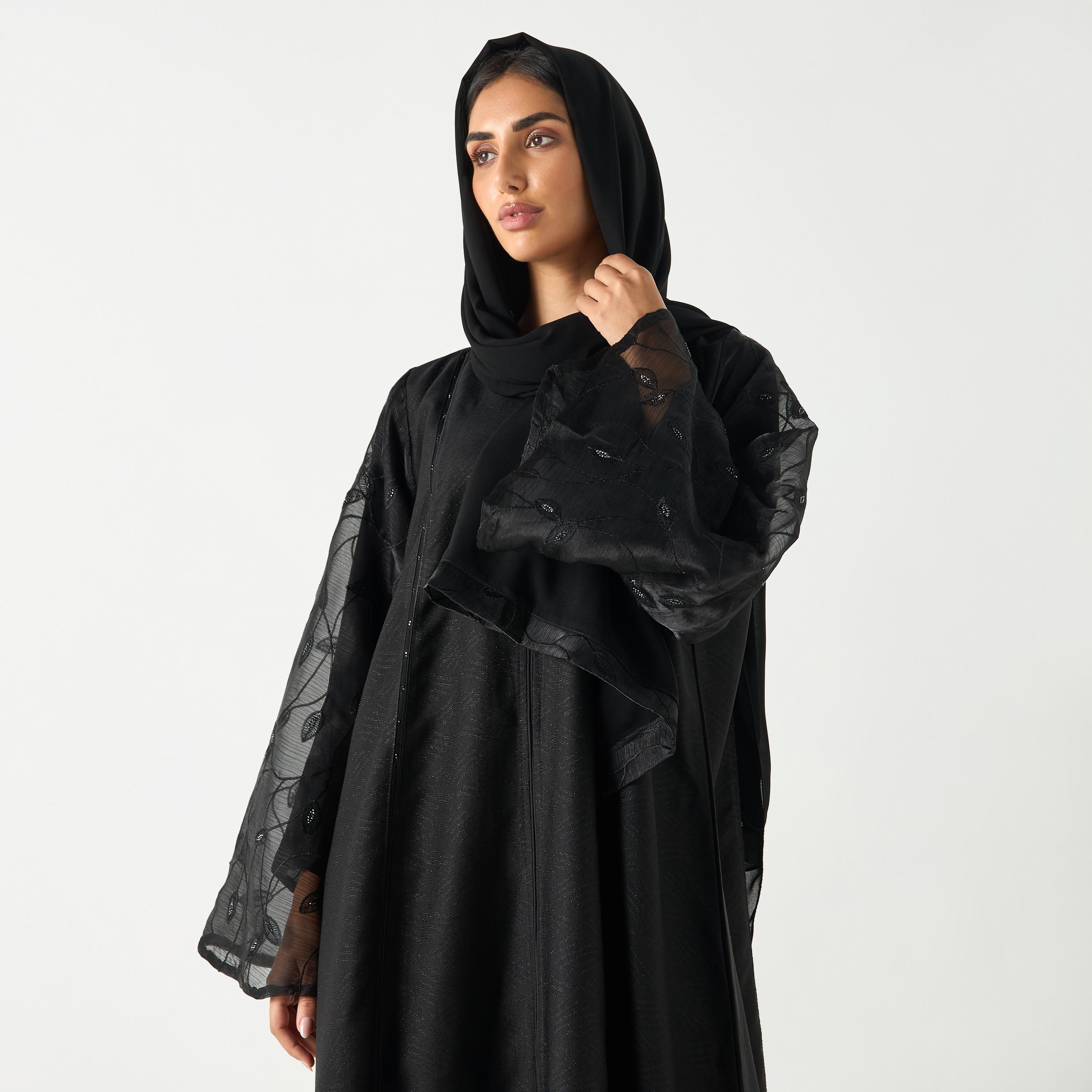 Hadiyath Al Madinah Embroidered V-neck Abaya with Hijab-women-arabicclothing-abayas-image-2