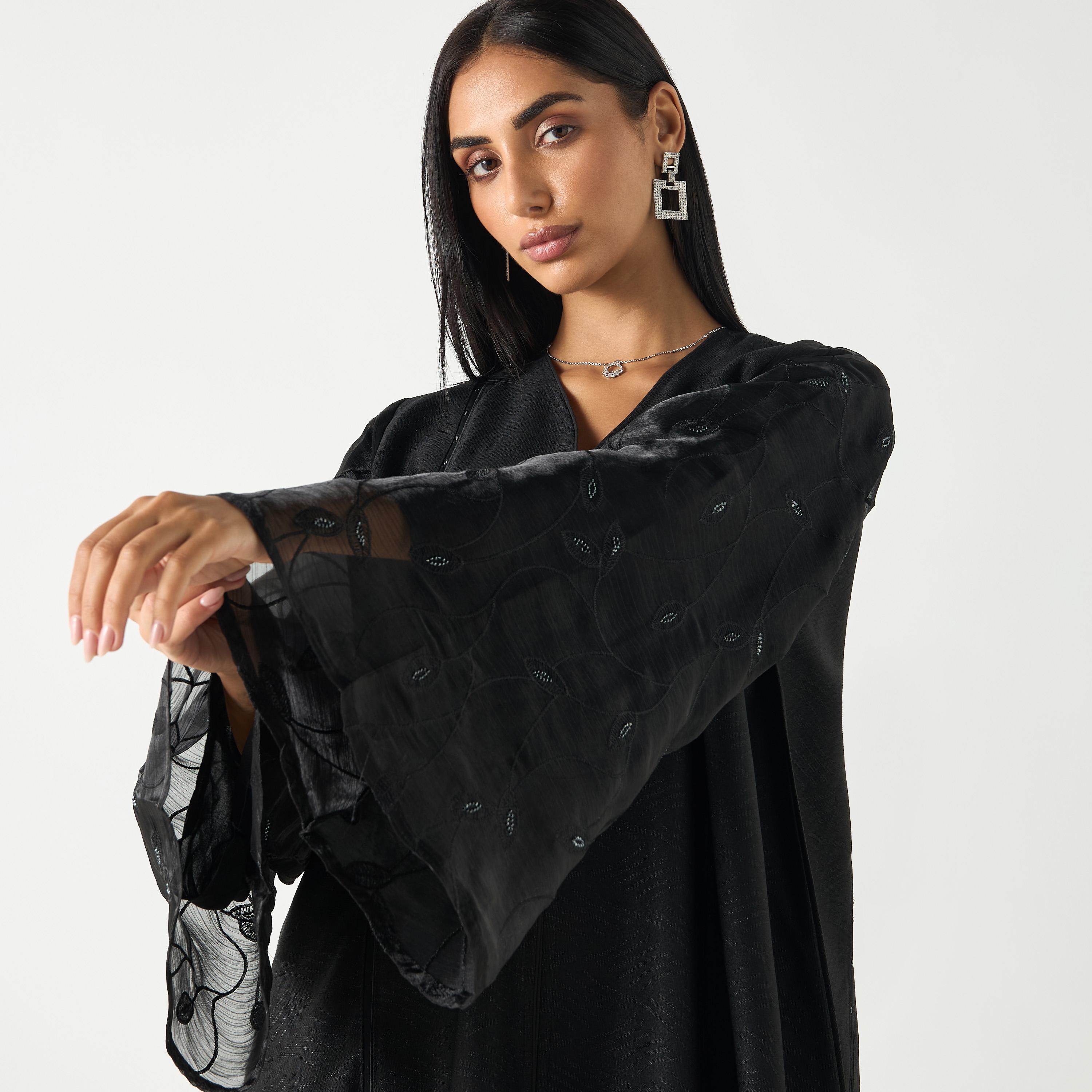 Hadiyath Al Madinah Embroidered V-neck Abaya with Hijab-women-arabicclothing-abayas-image-3
