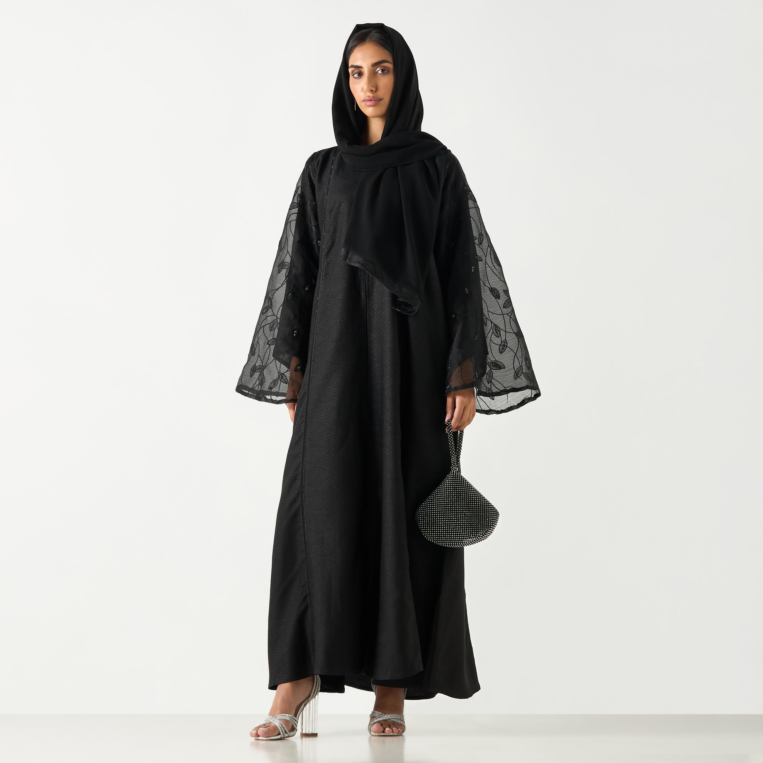 Hadiyath Al Madinah Embroidered V-neck Abaya with Hijab-women-arabicclothing-abayas-image-4