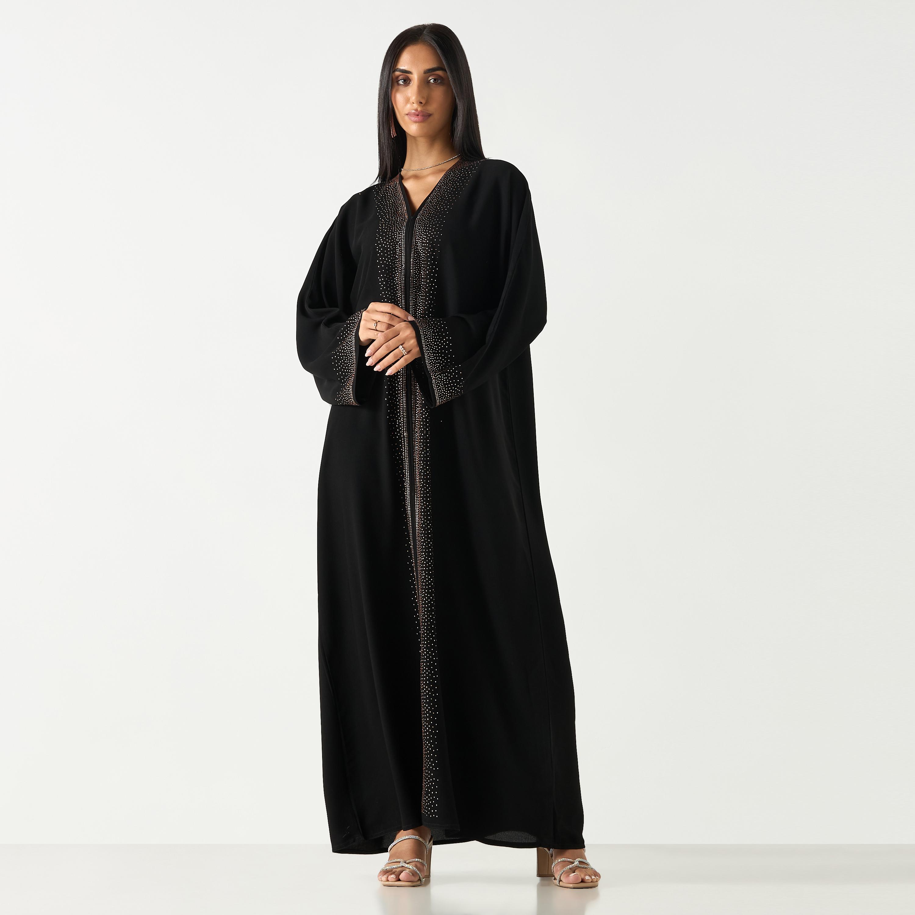 Hadiyath Al Madinah Embellished V-neck Abaya with Hijab-women-arabicclothing-abayas-image-1