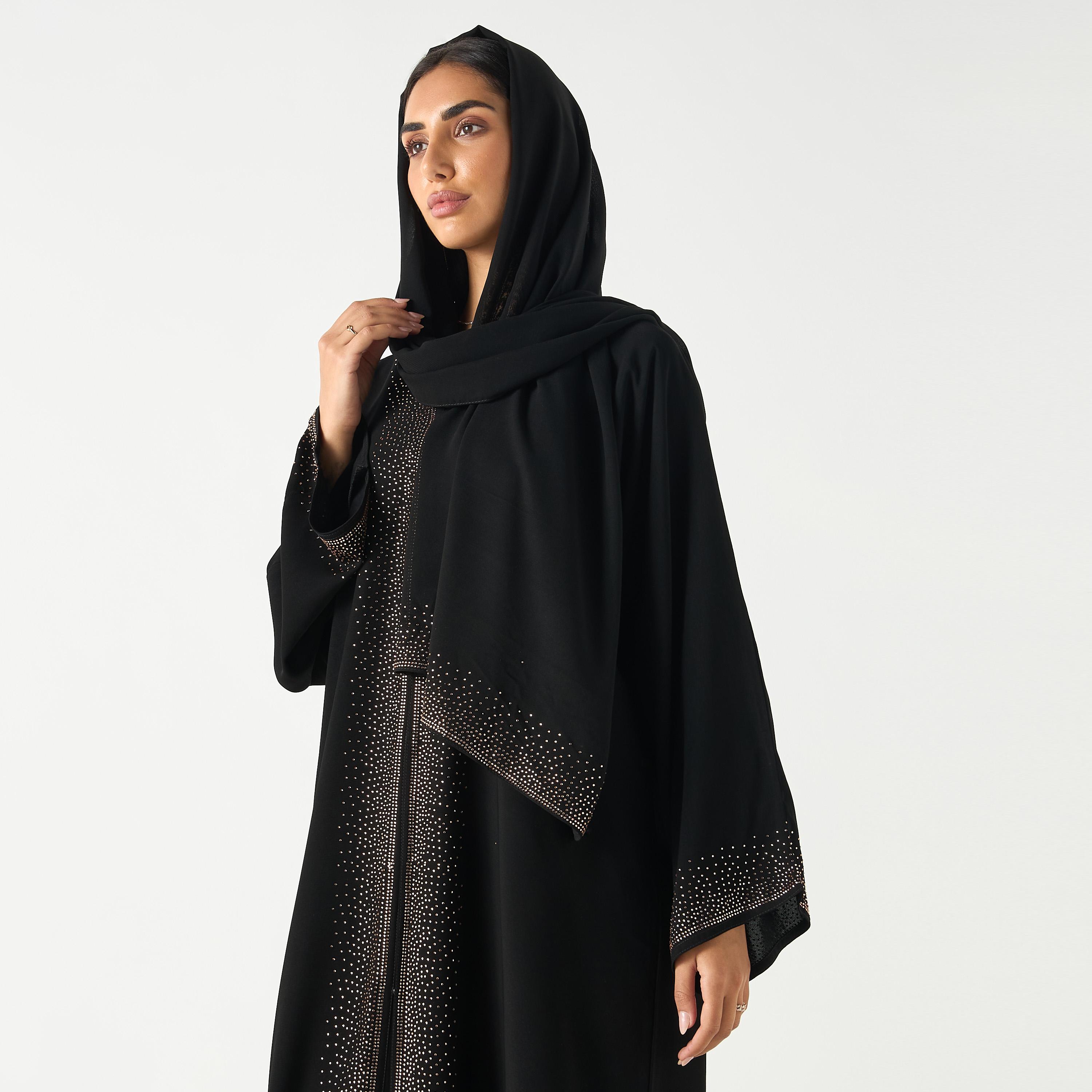 Hadiyath Al Madinah Embellished V-neck Abaya with Hijab-women-arabicclothing-abayas-image-2