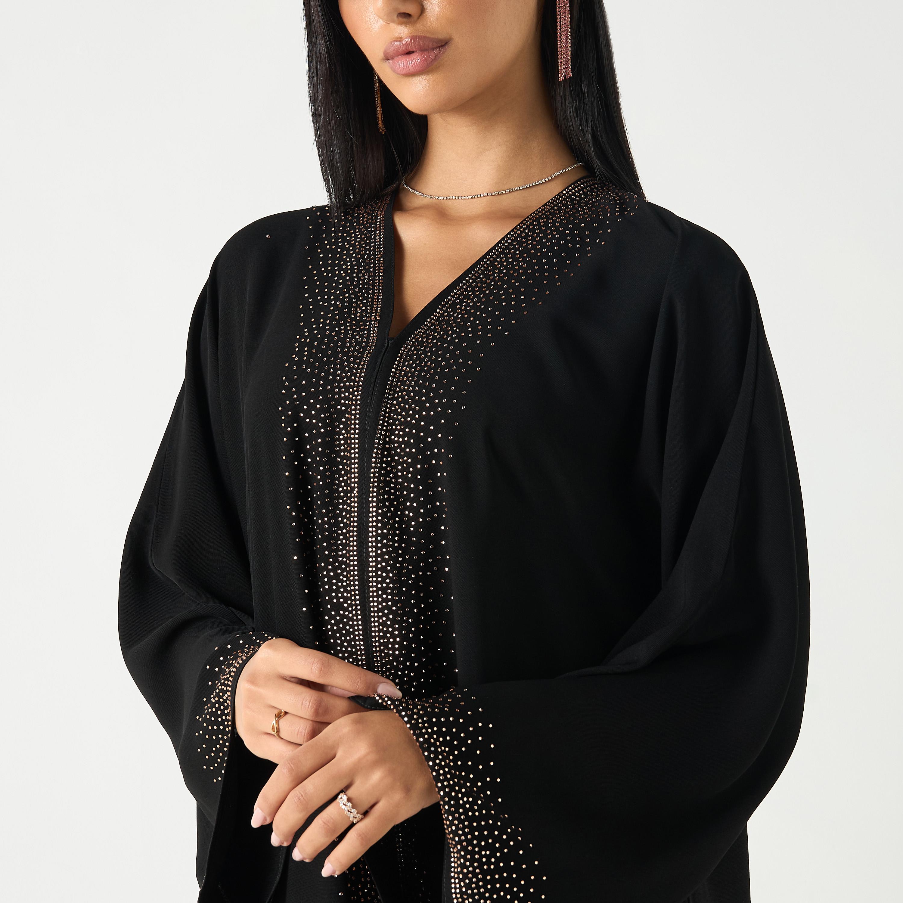Hadiyath Al Madinah Embellished V-neck Abaya with Hijab-women-arabicclothing-abayas-image-3