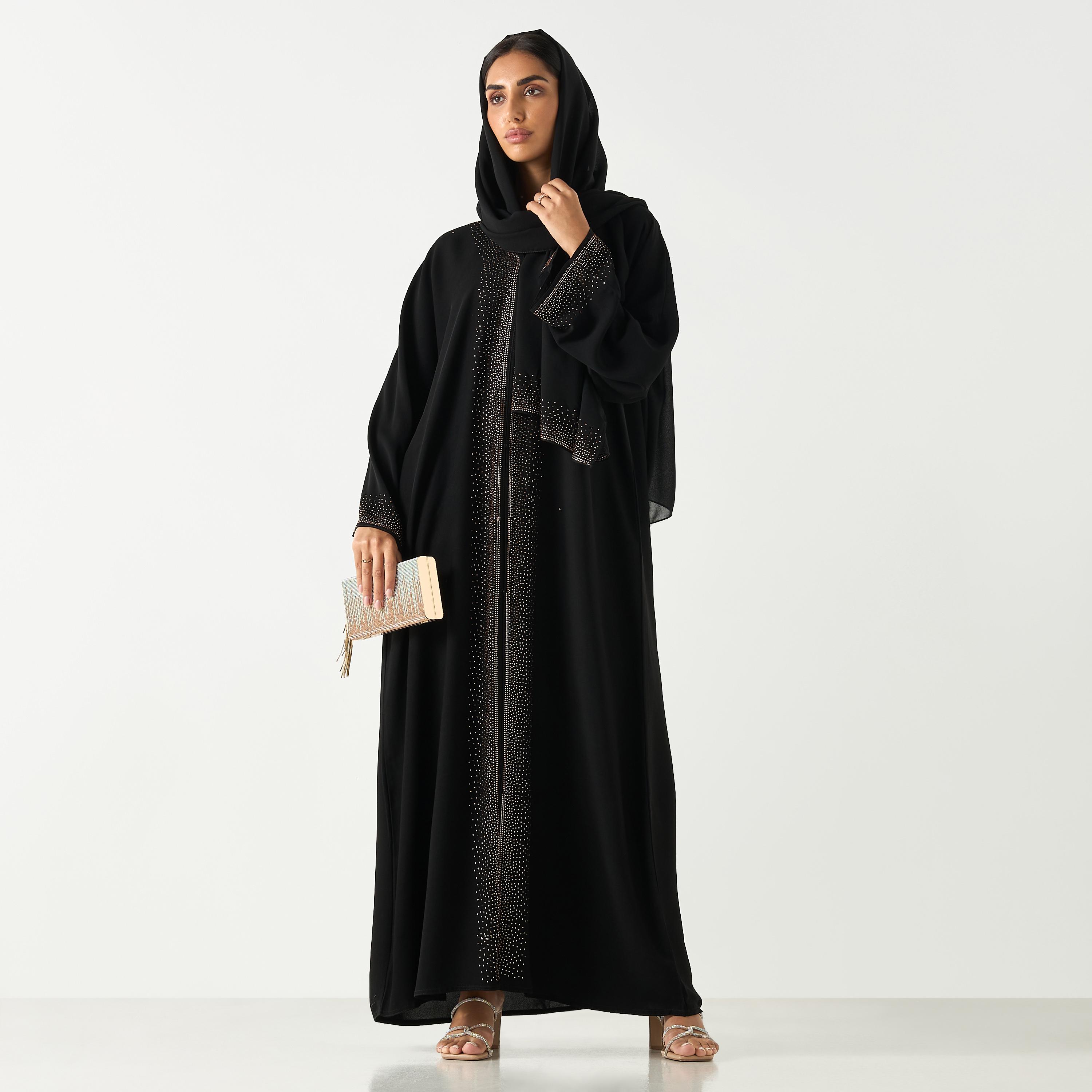 Hadiyath Al Madinah Embellished V-neck Abaya with Hijab-women-arabicclothing-abayas-image-4