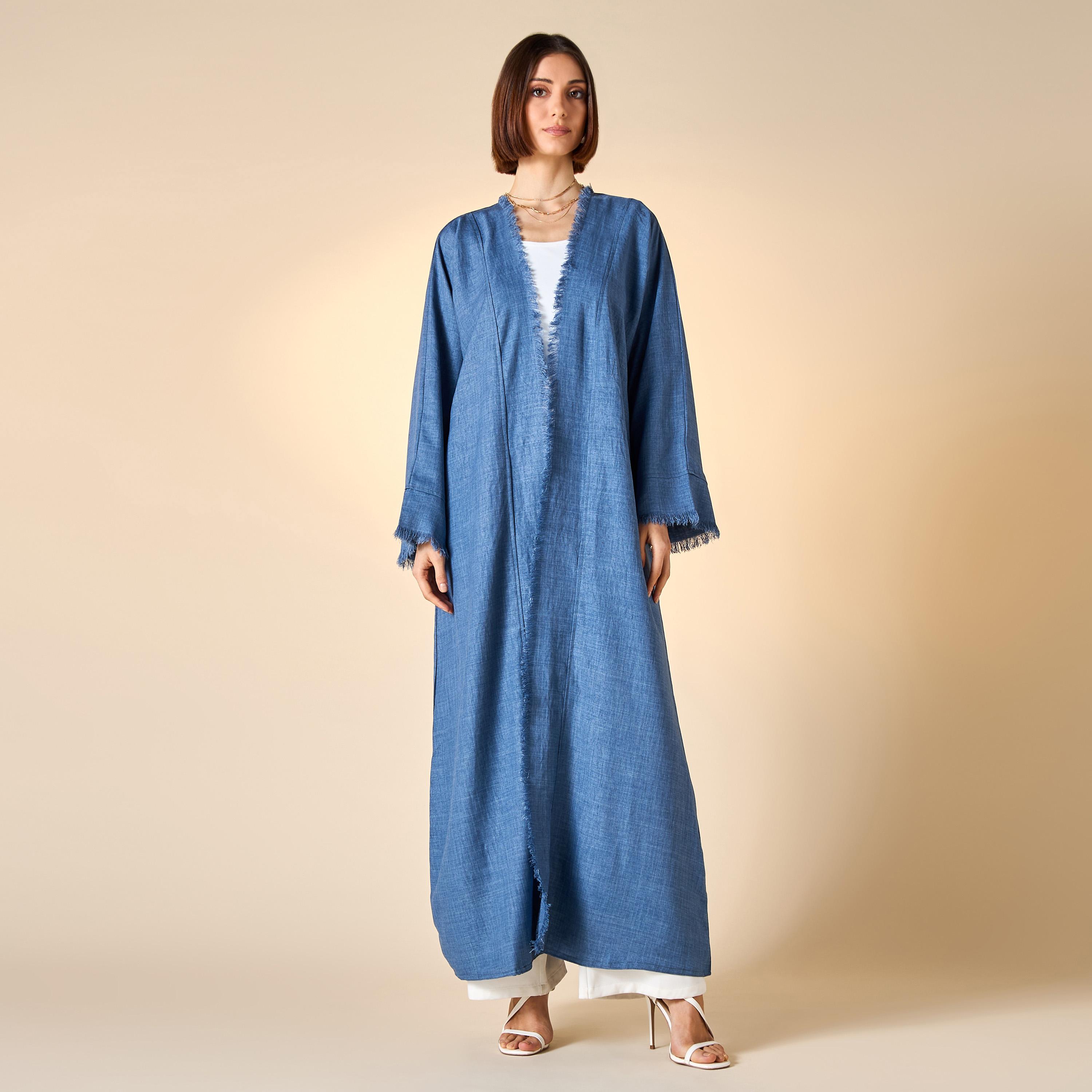 Hadiyath Al Madinah Solid Open Front Abaya with Frayed Detail and Hijab-women-arabicclothing-abayas-image-1