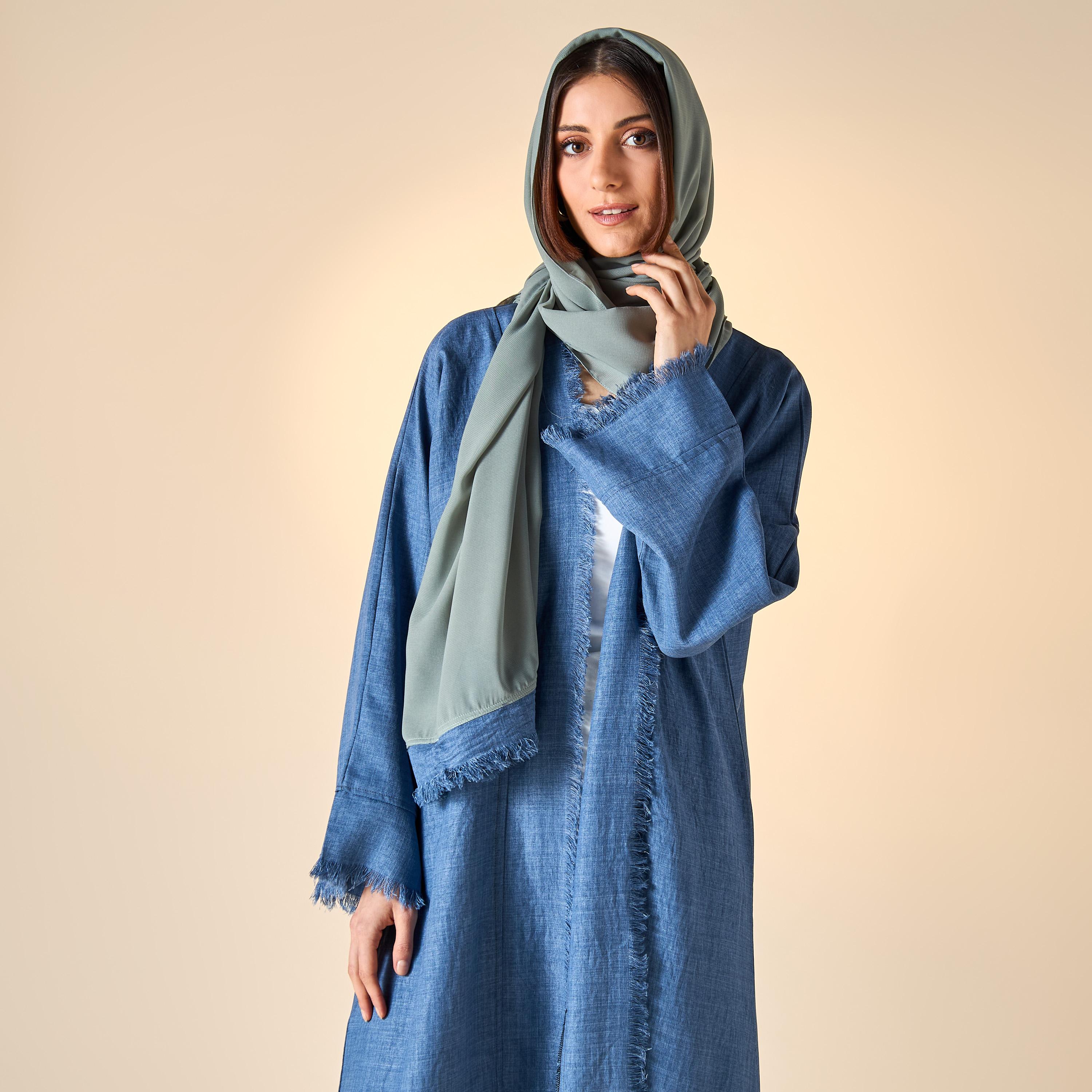 Hadiyath Al Madinah Solid Open Front Abaya with Frayed Detail and Hijab-women-arabicclothing-abayas-image-2
