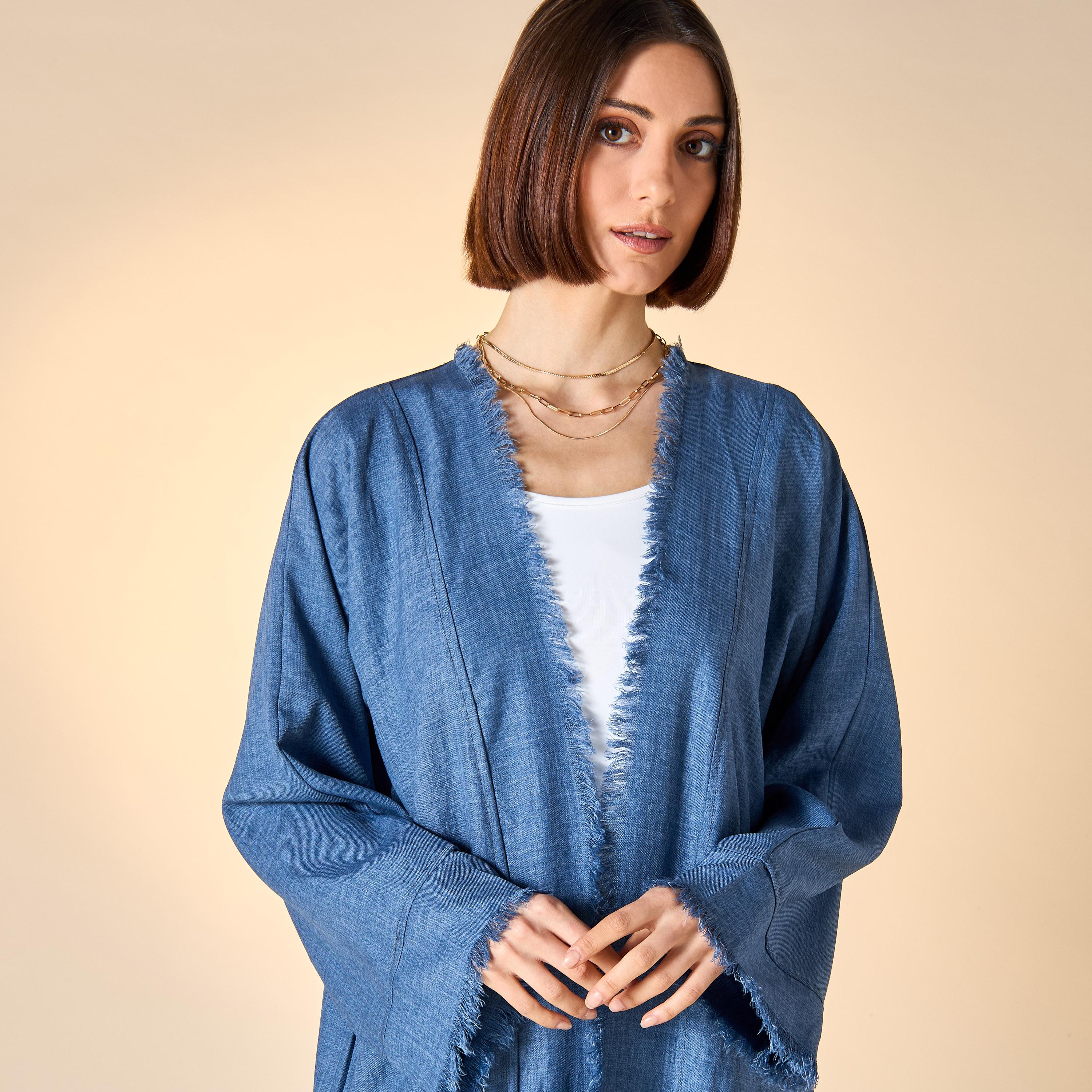 Hadiyath Al Madinah Solid Open Front Abaya with Frayed Detail and Hijab-women-arabicclothing-abayas-image-3