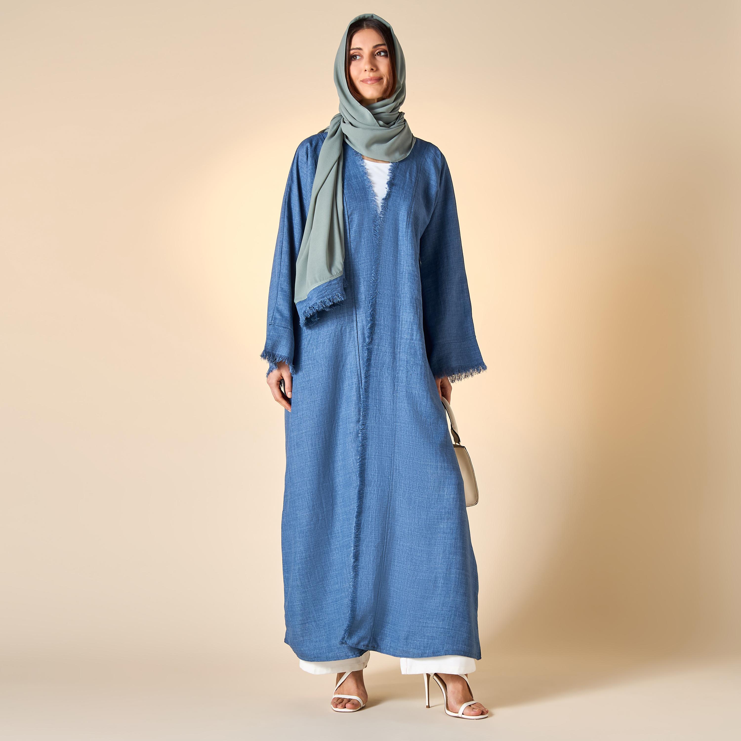 Hadiyath Al Madinah Solid Open Front Abaya with Frayed Detail and Hijab-women-arabicclothing-abayas-image-4