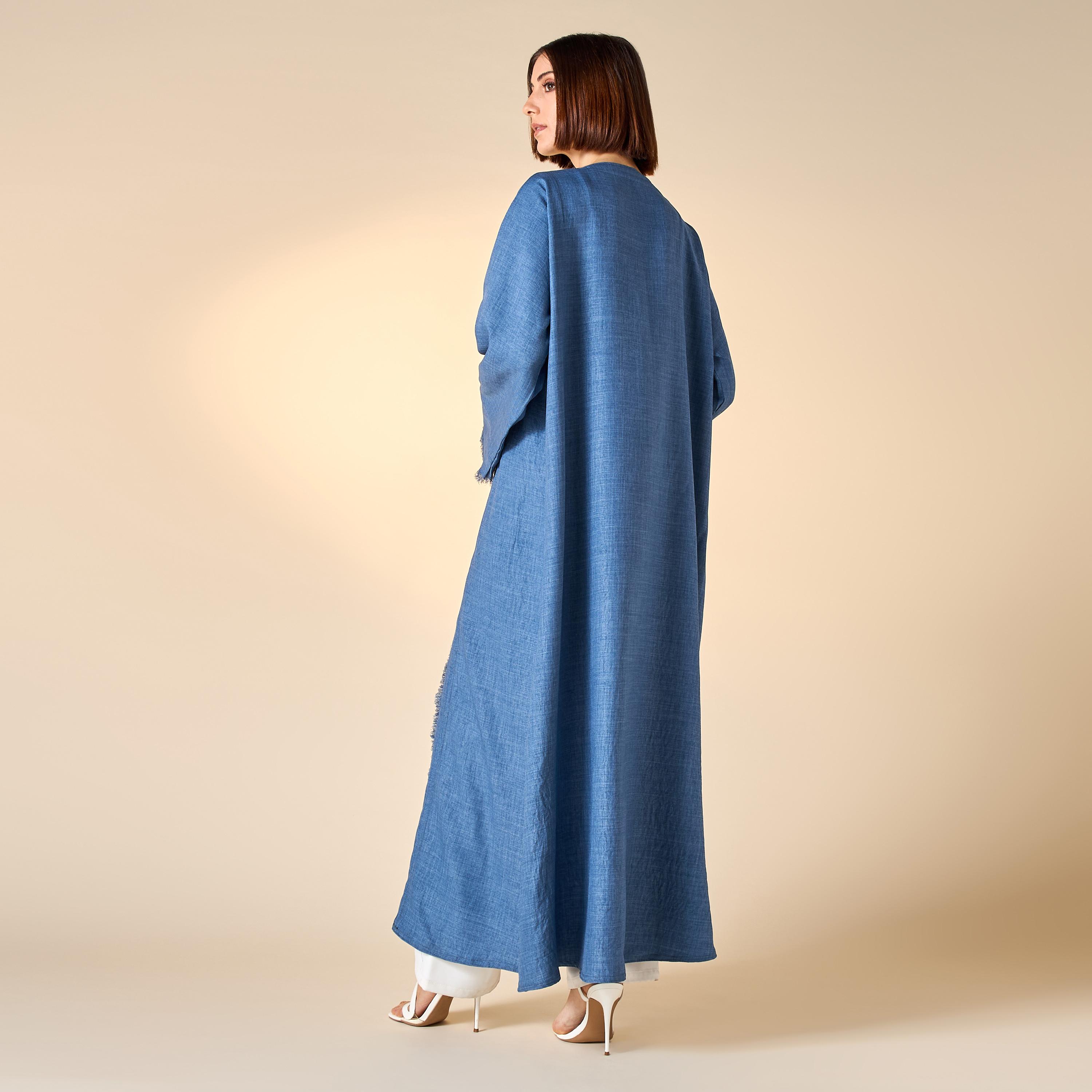 Hadiyath Al Madinah Solid Open Front Abaya with Frayed Detail and Hijab-women-arabicclothing-abayas-image-5