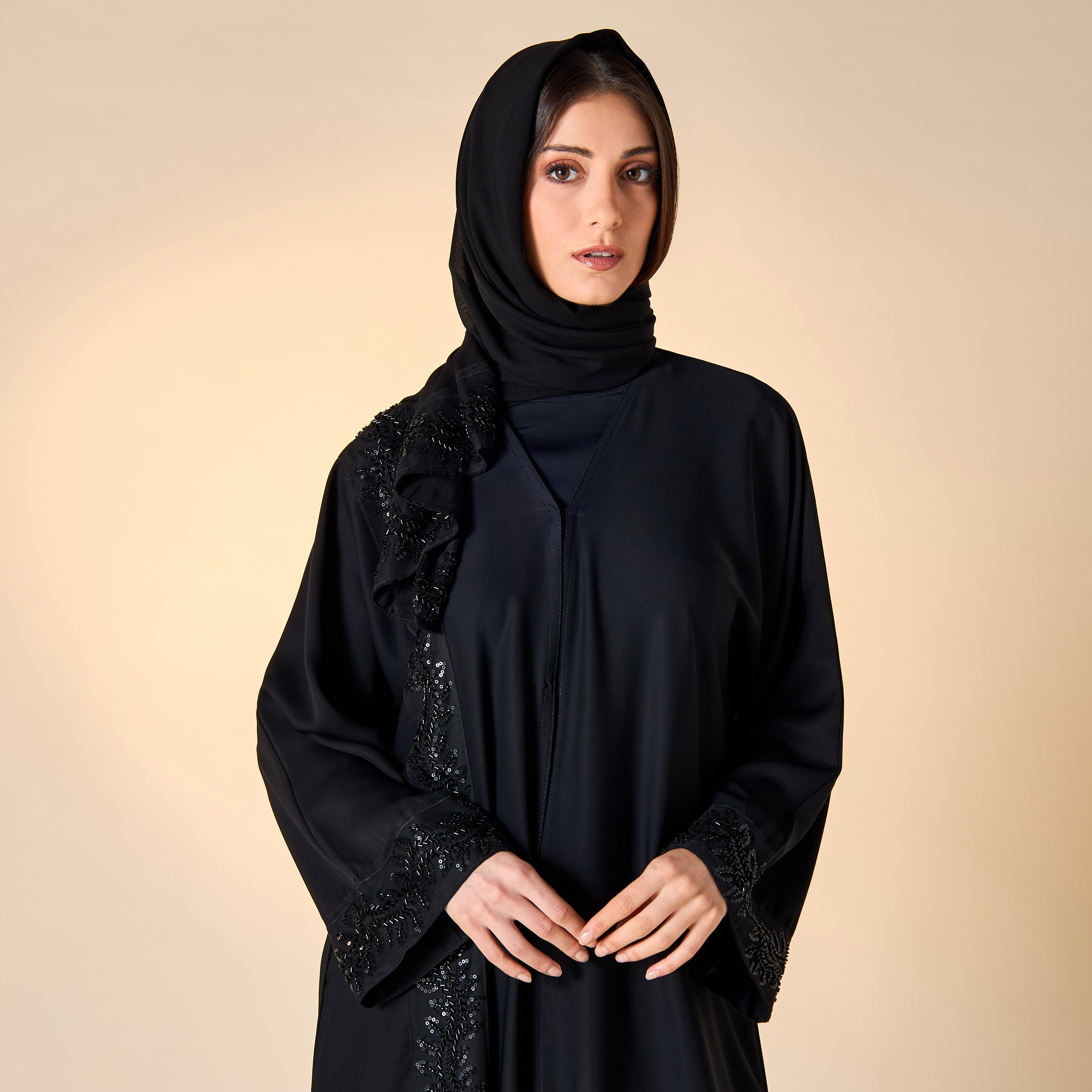 عباية بياقة V وزينة ترتر مع حجاب من حديث المدينة-women-arabicclothing-abayas-image-2