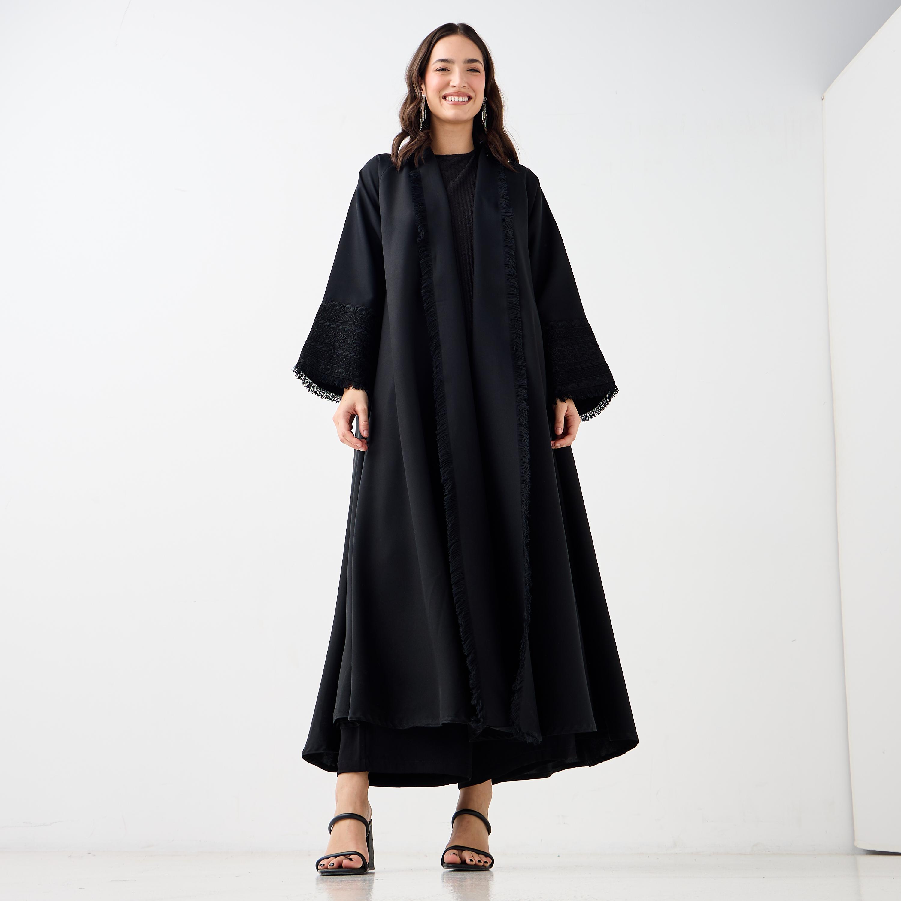 Hadiyath Al Madinah Embroidered Open Front Abaya-women-arabicclothing-abayas-image-1