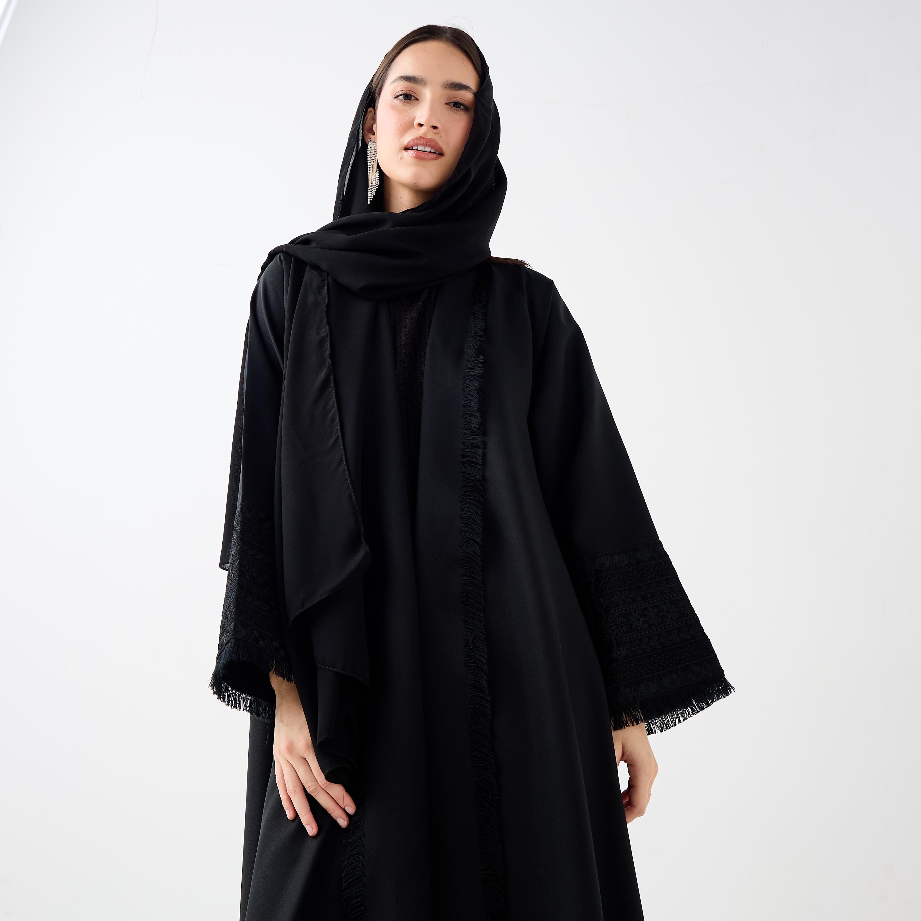 Hadiyath Al Madinah Embroidered Open Front Abaya-women-arabicclothing-abayas-image-2