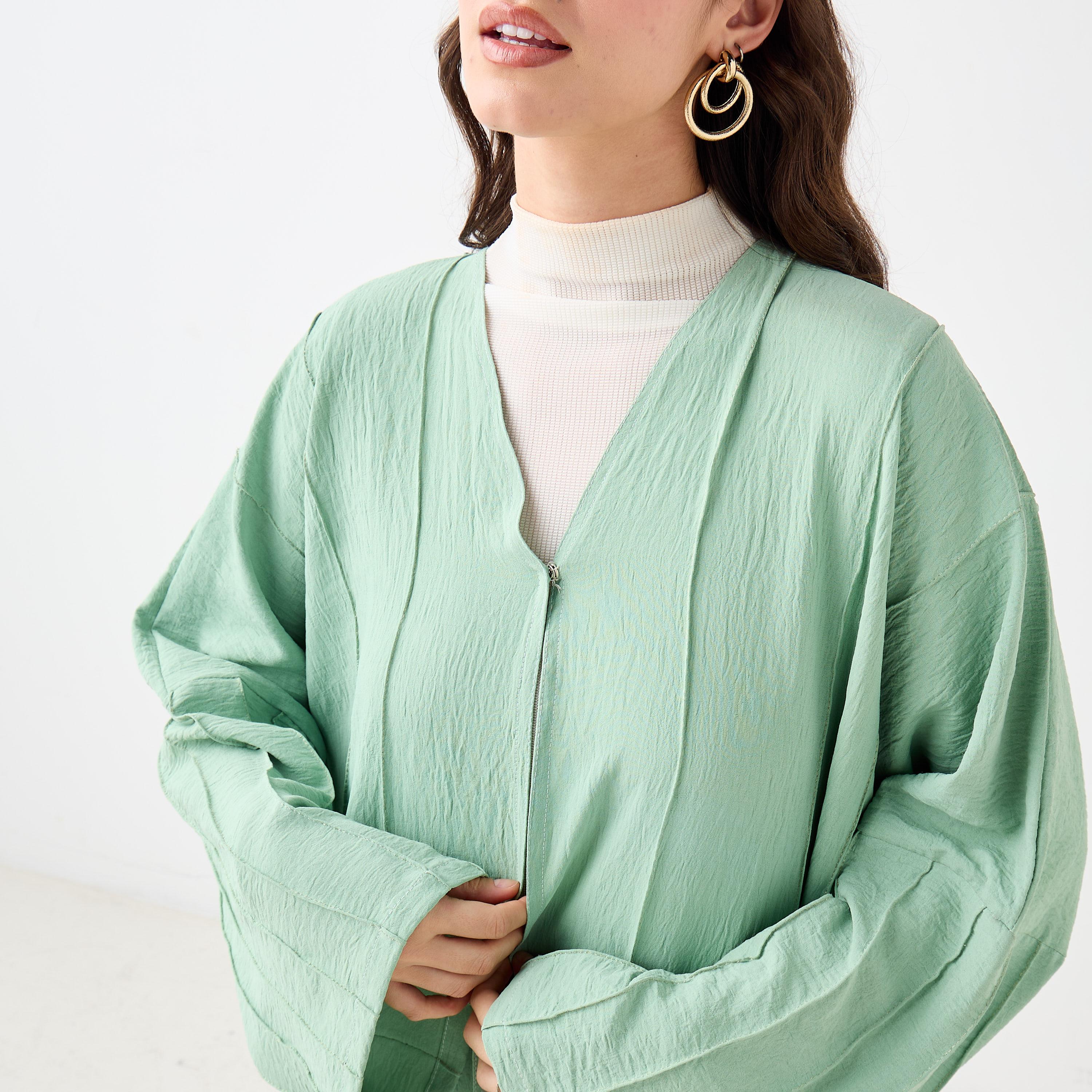 Hadiyath Al Madinah Textured V-neck Abaya-women-arabicclothing-abayas-image-3