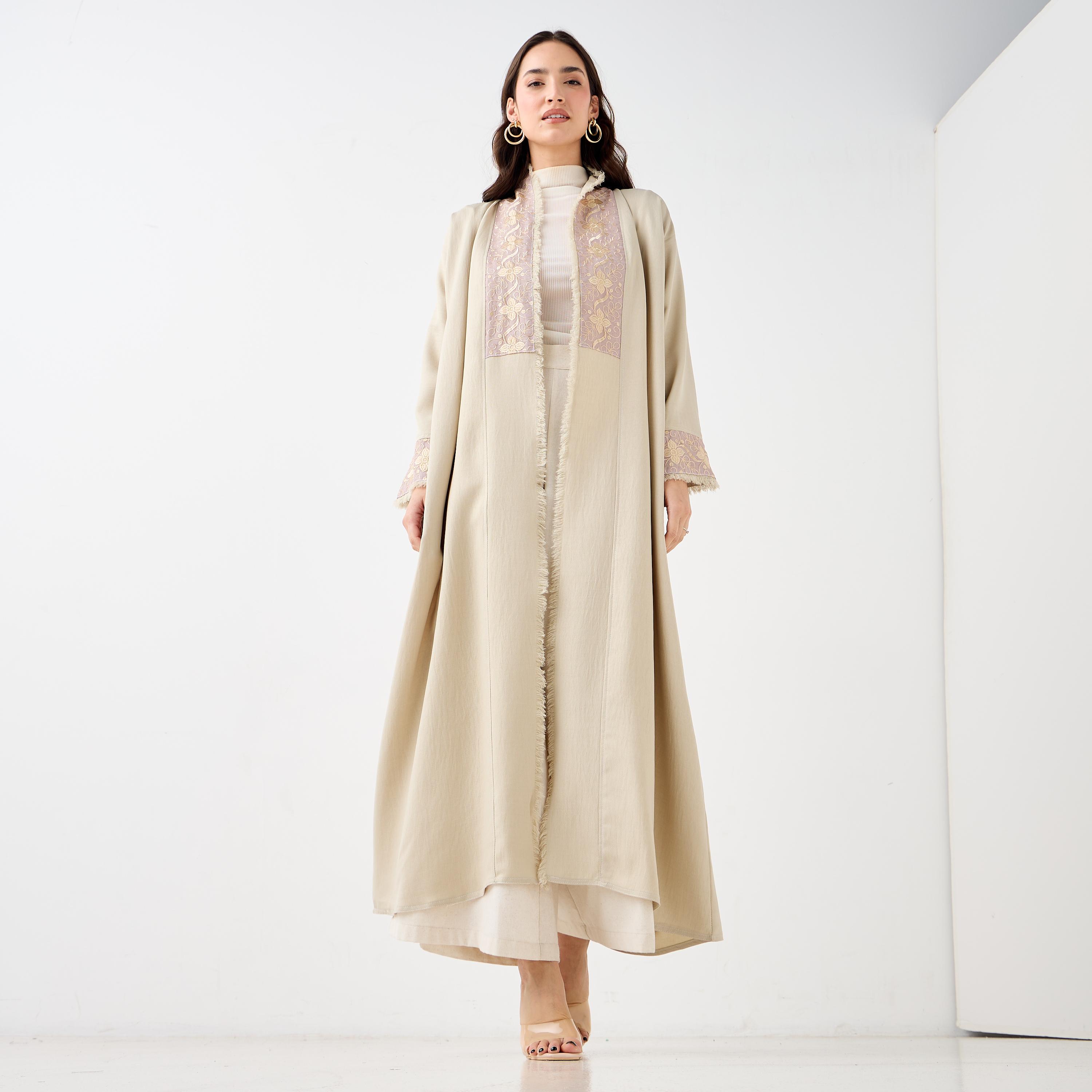 Hadiyath Al Madinah Embroidered Open Front Abaya-women-arabicclothing-abayas-image-1