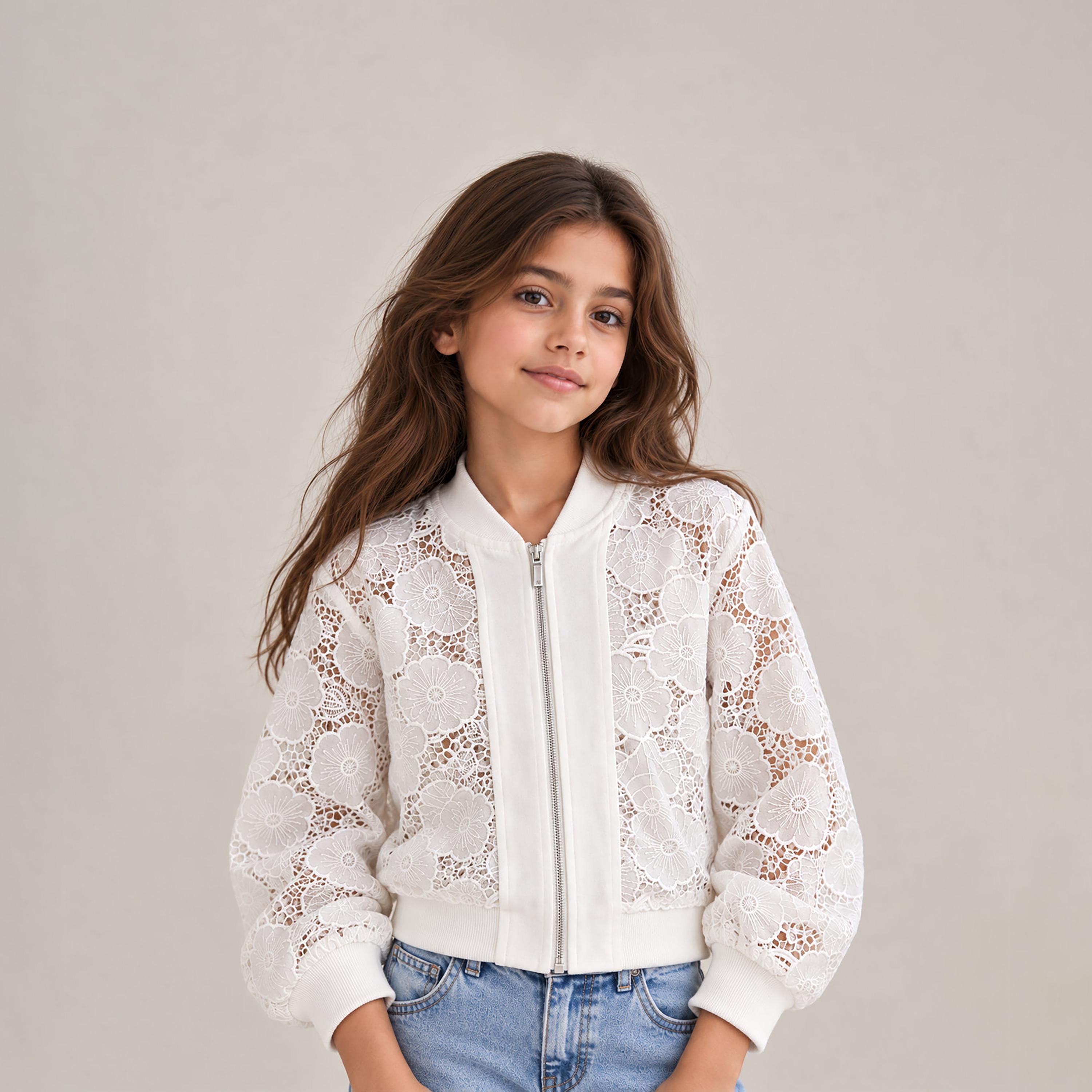 Victor and Jane Floral Lace Long Sleeves Zip-Up Casual Jacket-girls-clothing-winterwear-jacketsandcoats-image-1