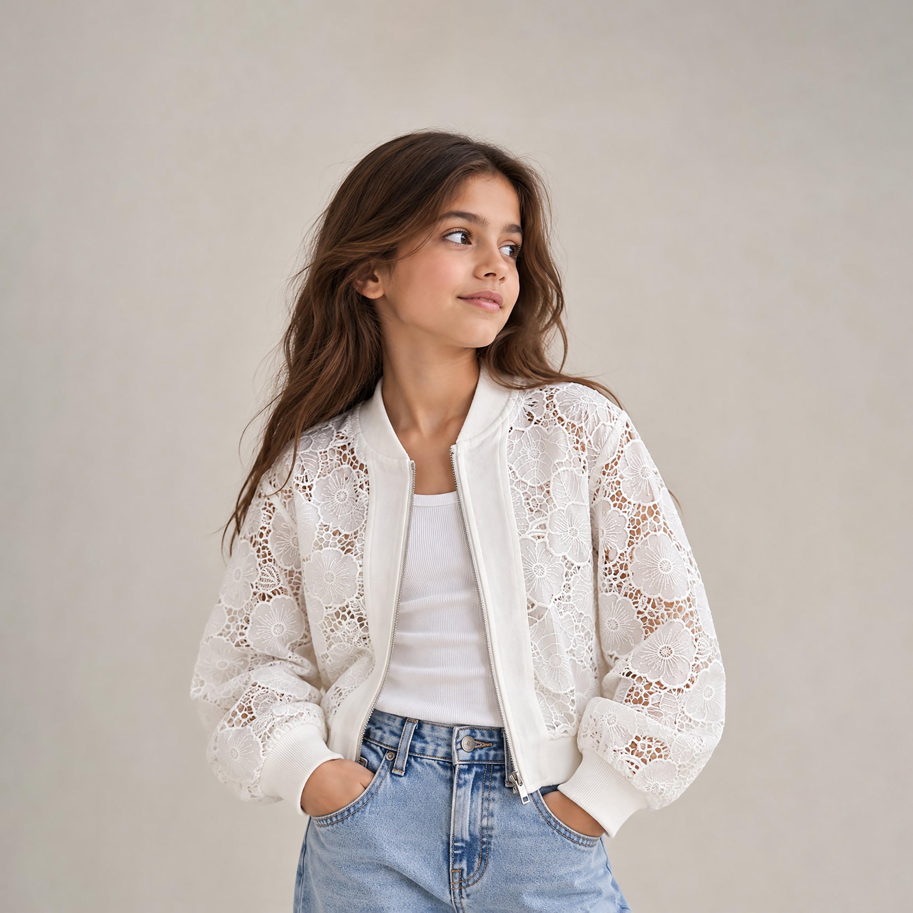 Victor and Jane Floral Lace Long Sleeves Zip-Up Casual Jacket-girls-clothing-winterwear-jacketsandcoats-image-3