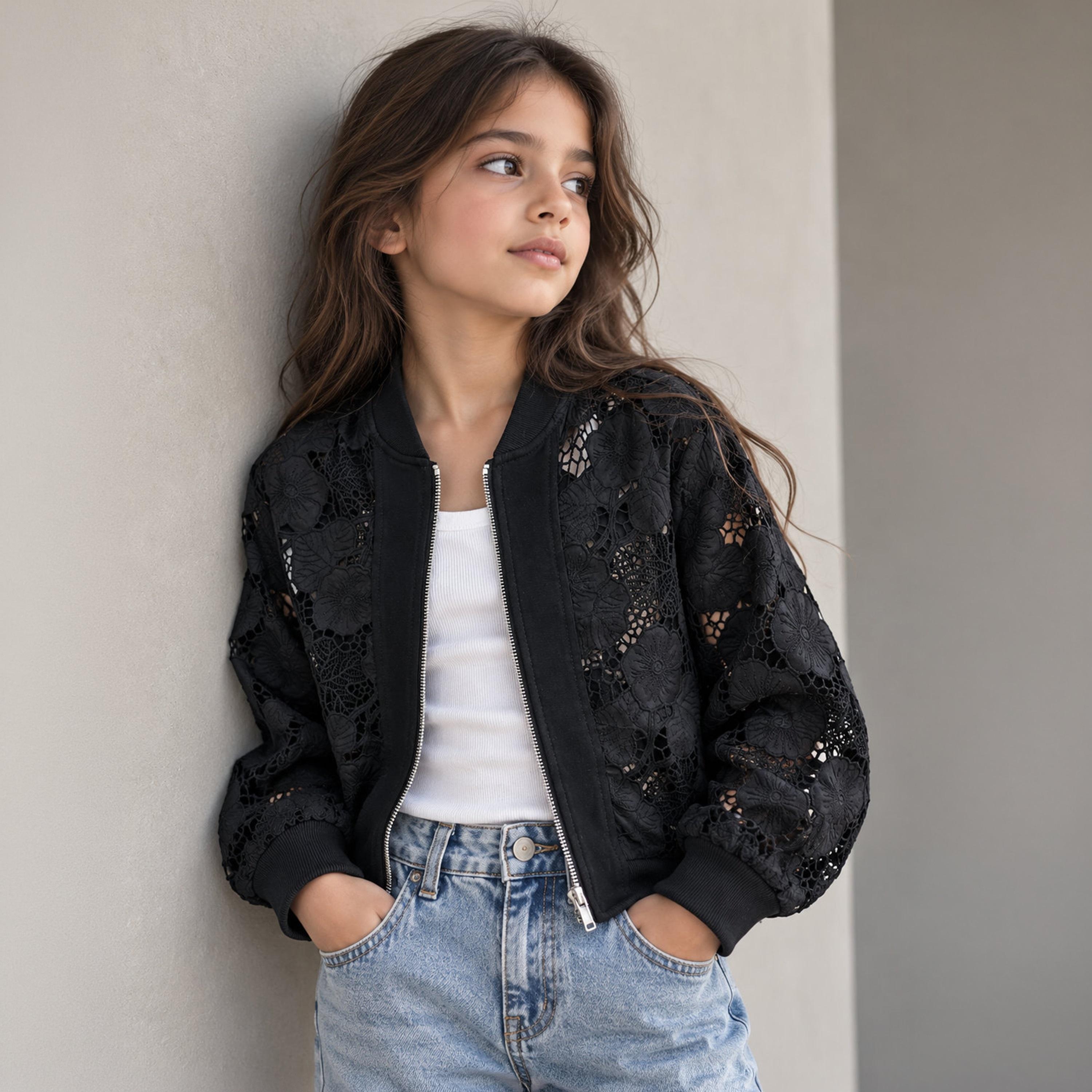 Victor and Jane Floral Lace Long Sleeves Zip-Up Casual Jacket-girls-clothing-winterwear-jacketsandcoats-image-1