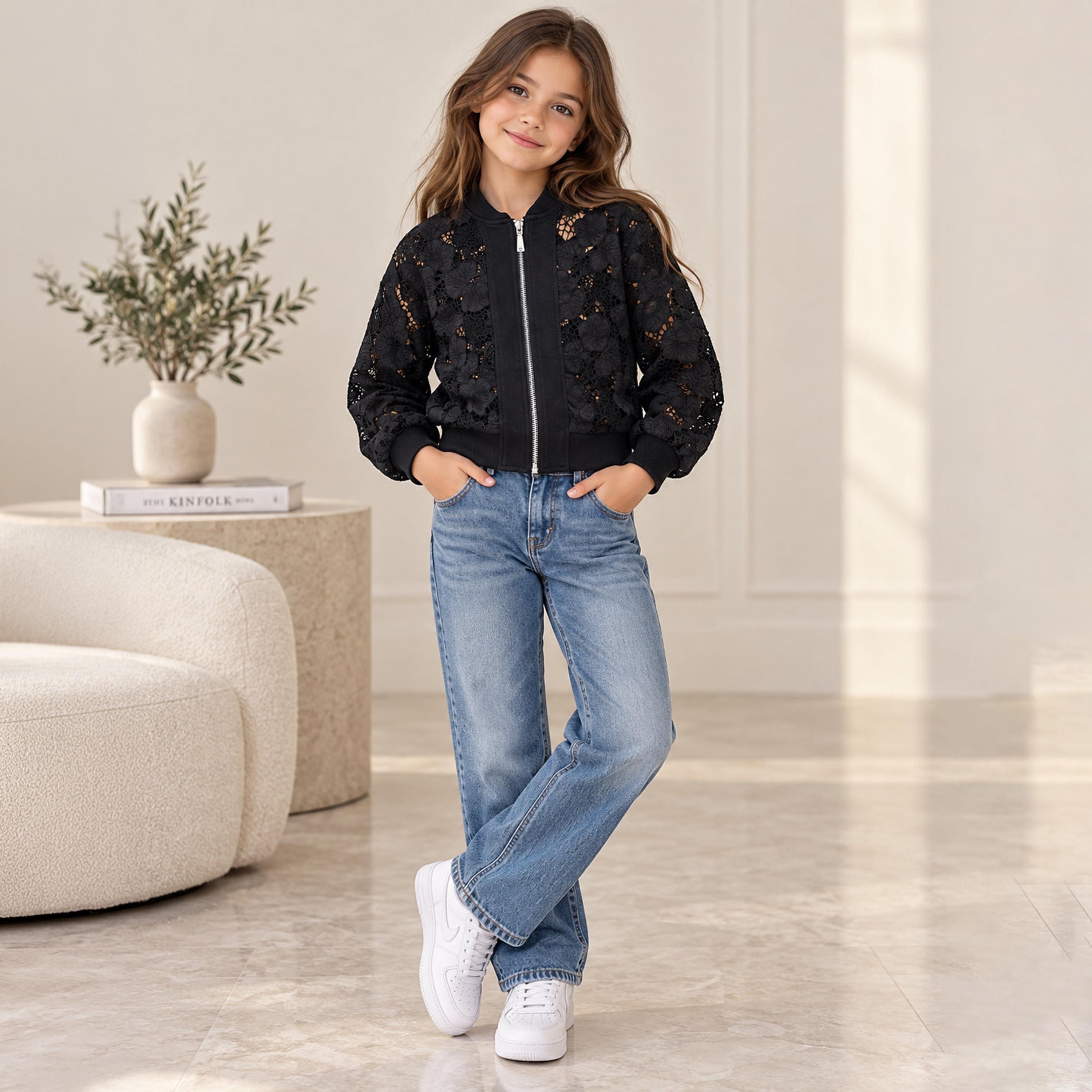 Victor and Jane Floral Lace Long Sleeves Zip-Up Casual Jacket-girls-clothing-winterwear-jacketsandcoats-image-2