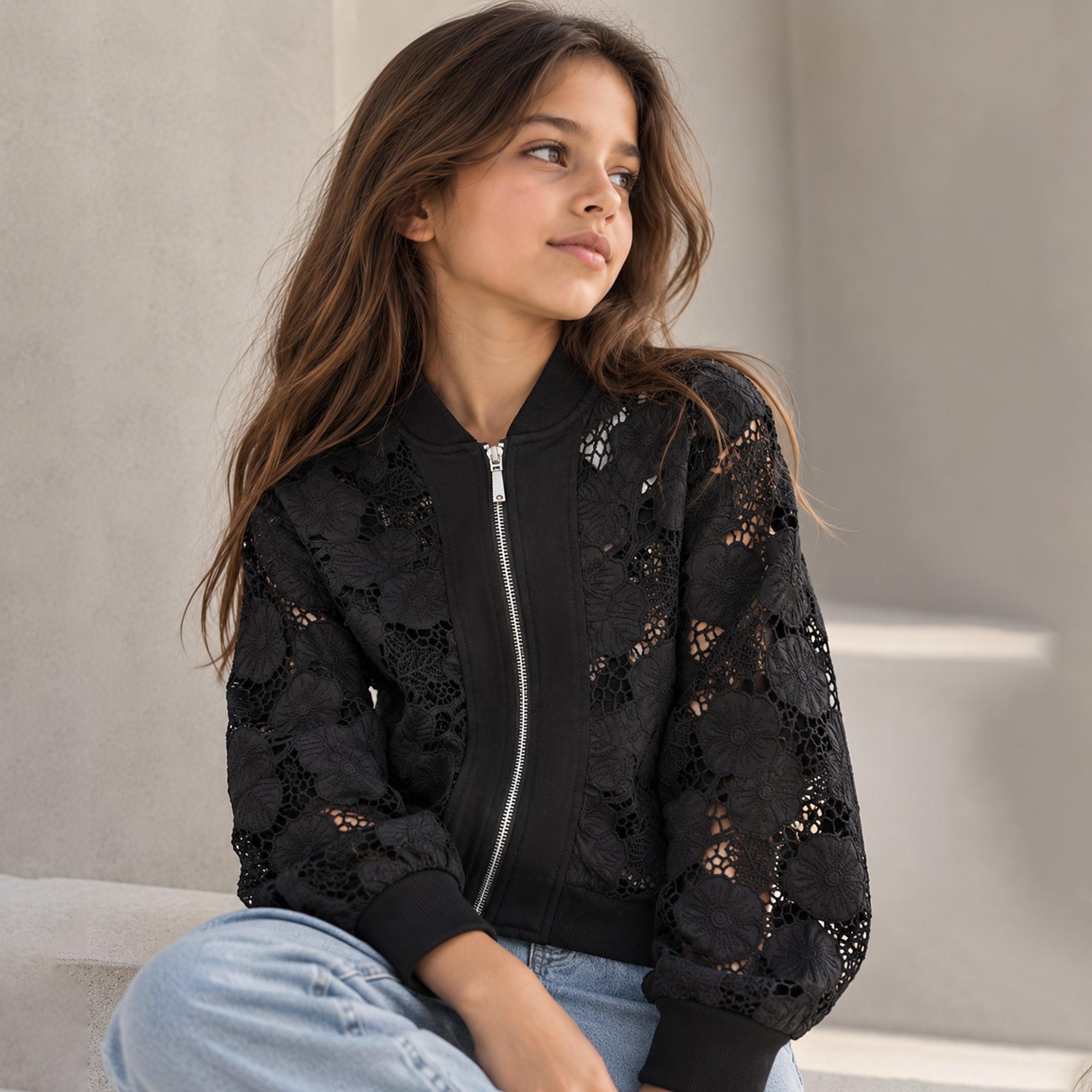 Victor and Jane Floral Lace Long Sleeves Zip-Up Casual Jacket-girls-clothing-winterwear-jacketsandcoats-image-3