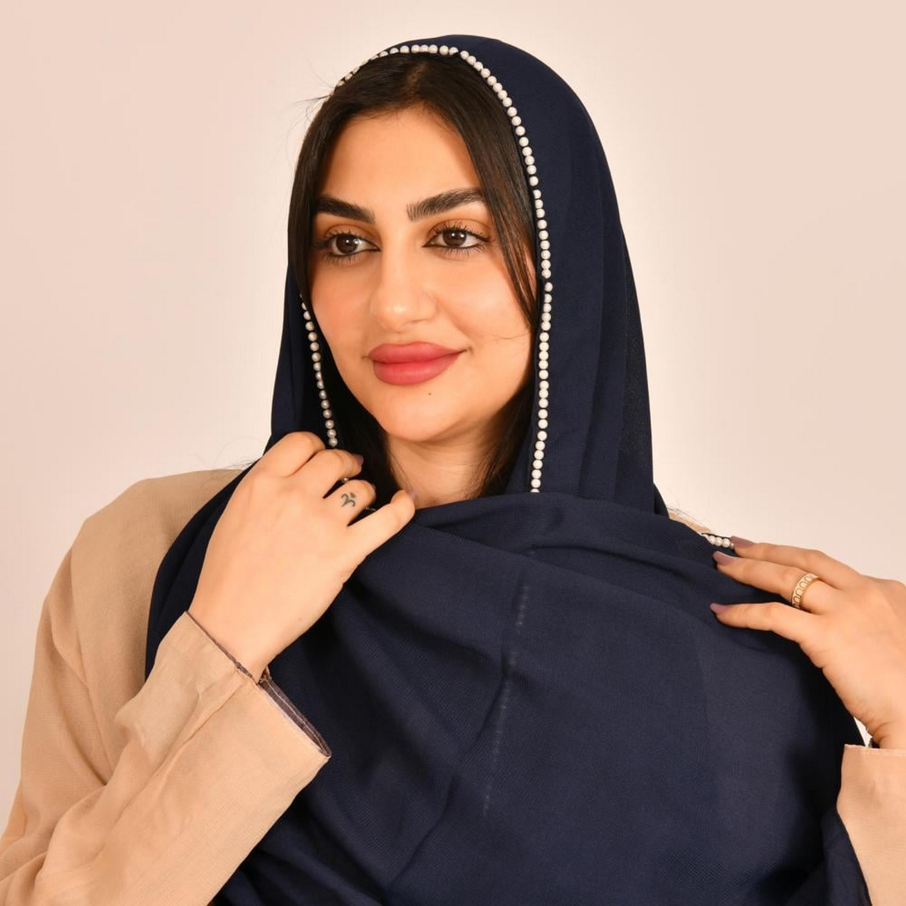 Beyond Abaya Navy Blue Pearl Work Silk Women's Scarf-women-arabicclothing-headscarf-hijab-image-1