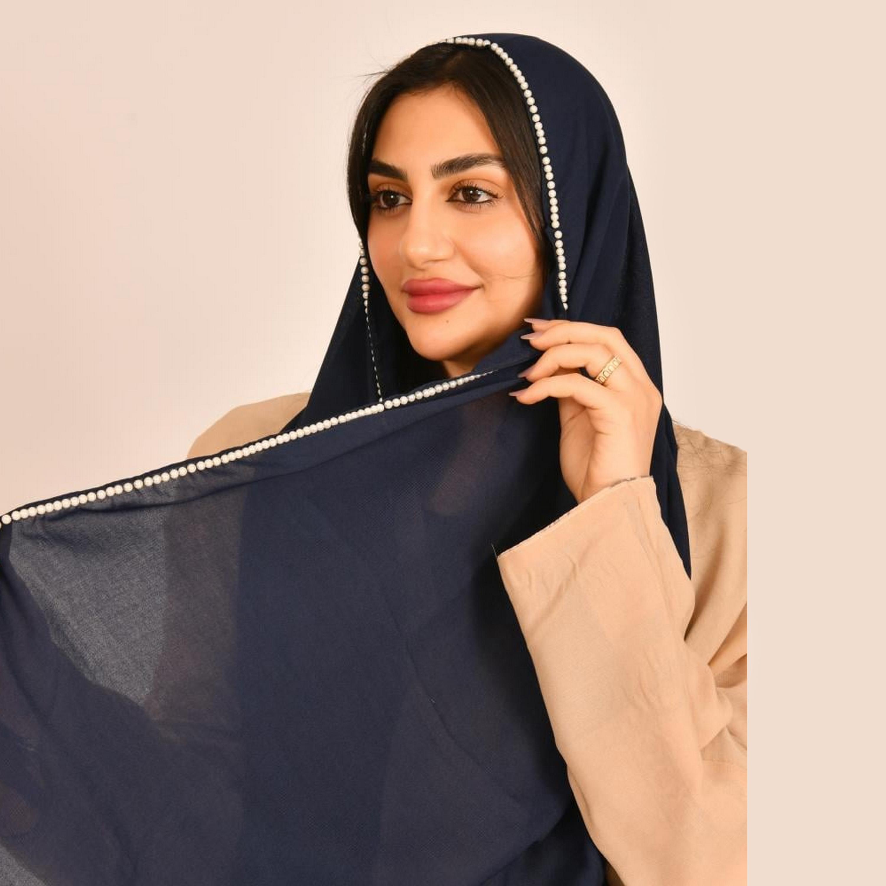 Beyond Abaya Navy Blue Pearl Work Silk Women's Scarf-women-arabicclothing-headscarf-hijab-image-2
