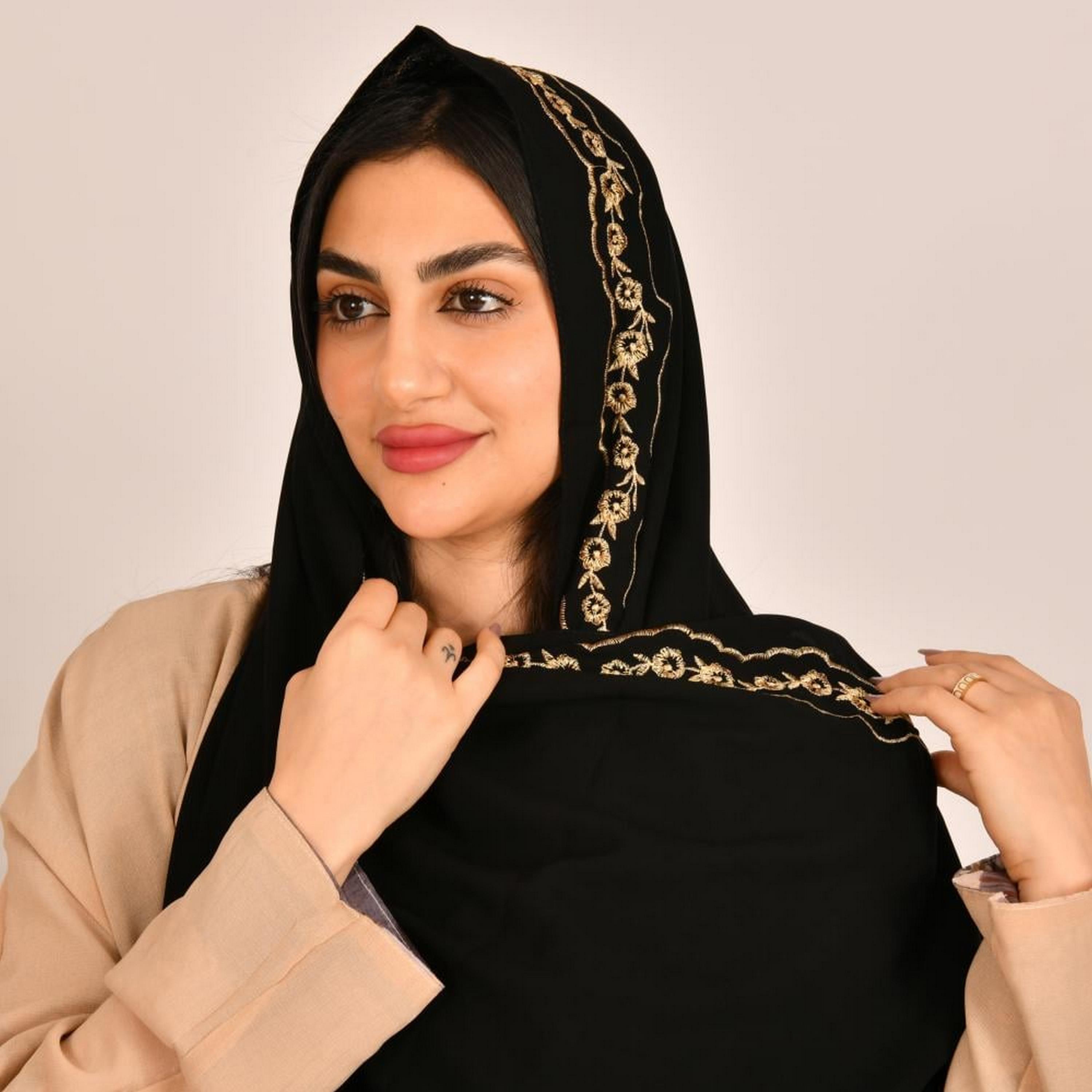 Beyond Abaya Black Floral Embroidered Silk Women's Scarf-women-arabicclothing-headscarf-hijab-image-1