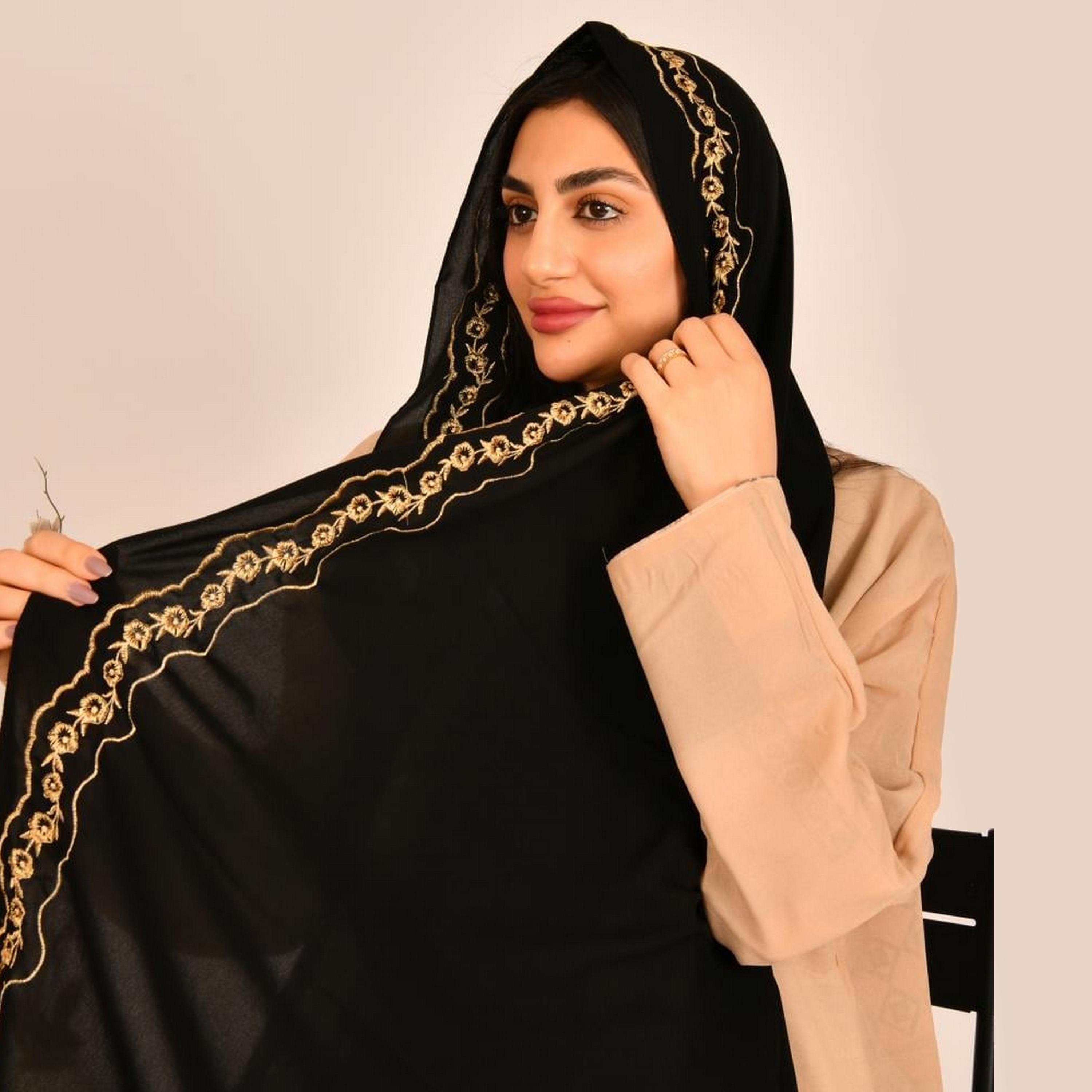 Beyond Abaya Black Floral Embroidered Silk Women's Scarf-women-arabicclothing-headscarf-hijab-image-2
