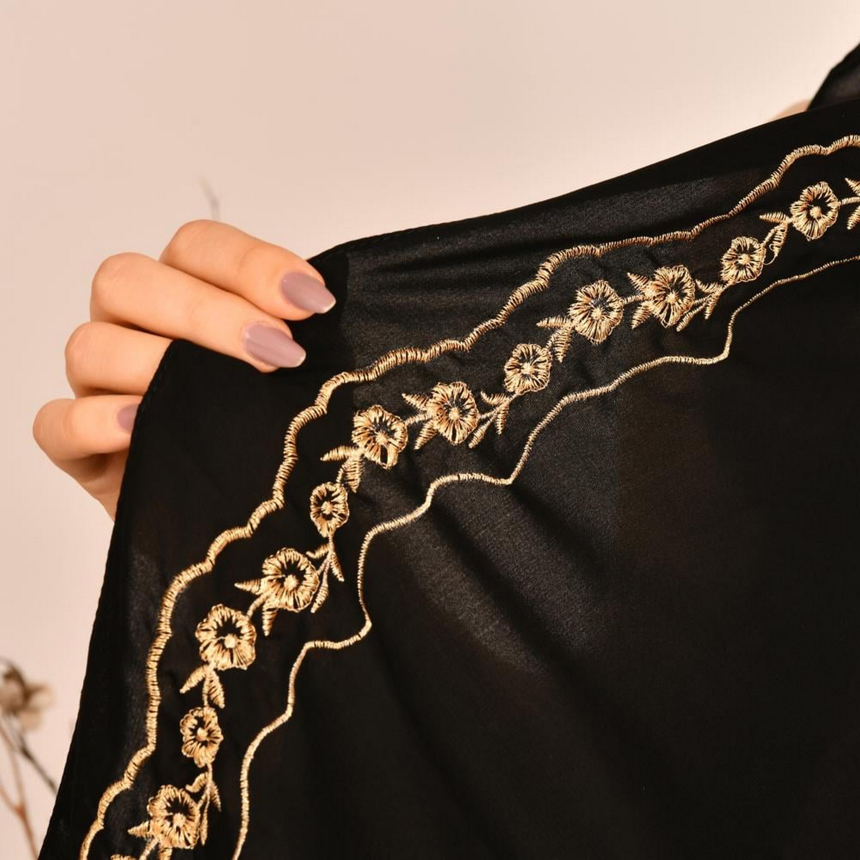 Beyond Abaya Black Floral Embroidered Silk Women's Scarf-women-arabicclothing-headscarf-hijab-image-3