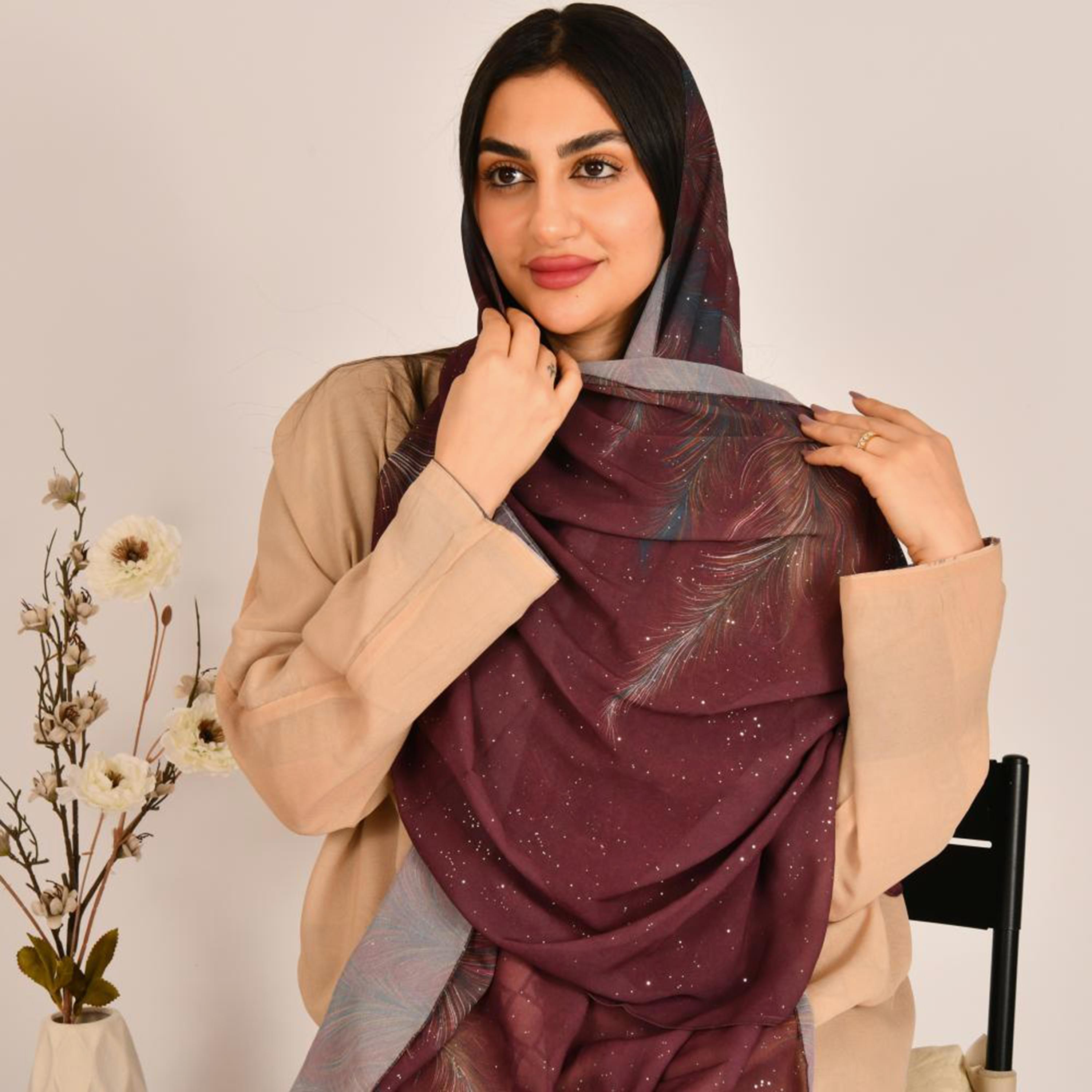 Beyond Abaya Red Feather Motif Print Silk Women's Hijab-women-arabicclothing-headscarf-hijab-image-1