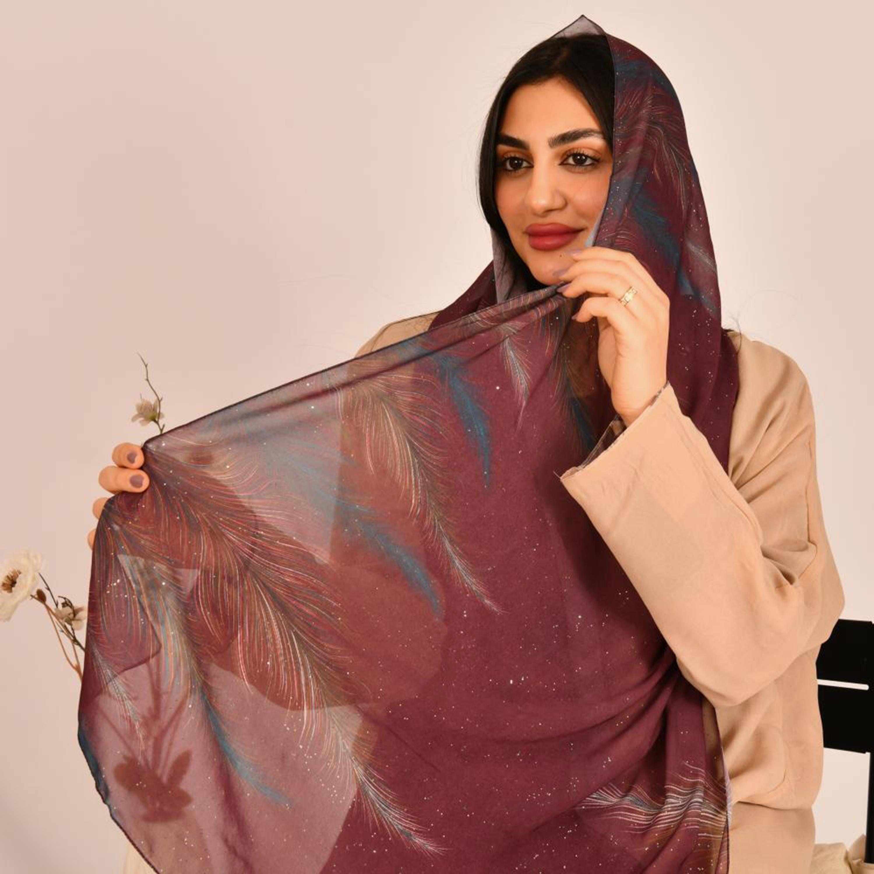 Beyond Abaya Red Feather Motif Print Silk Women's Hijab-women-arabicclothing-headscarf-hijab-image-2