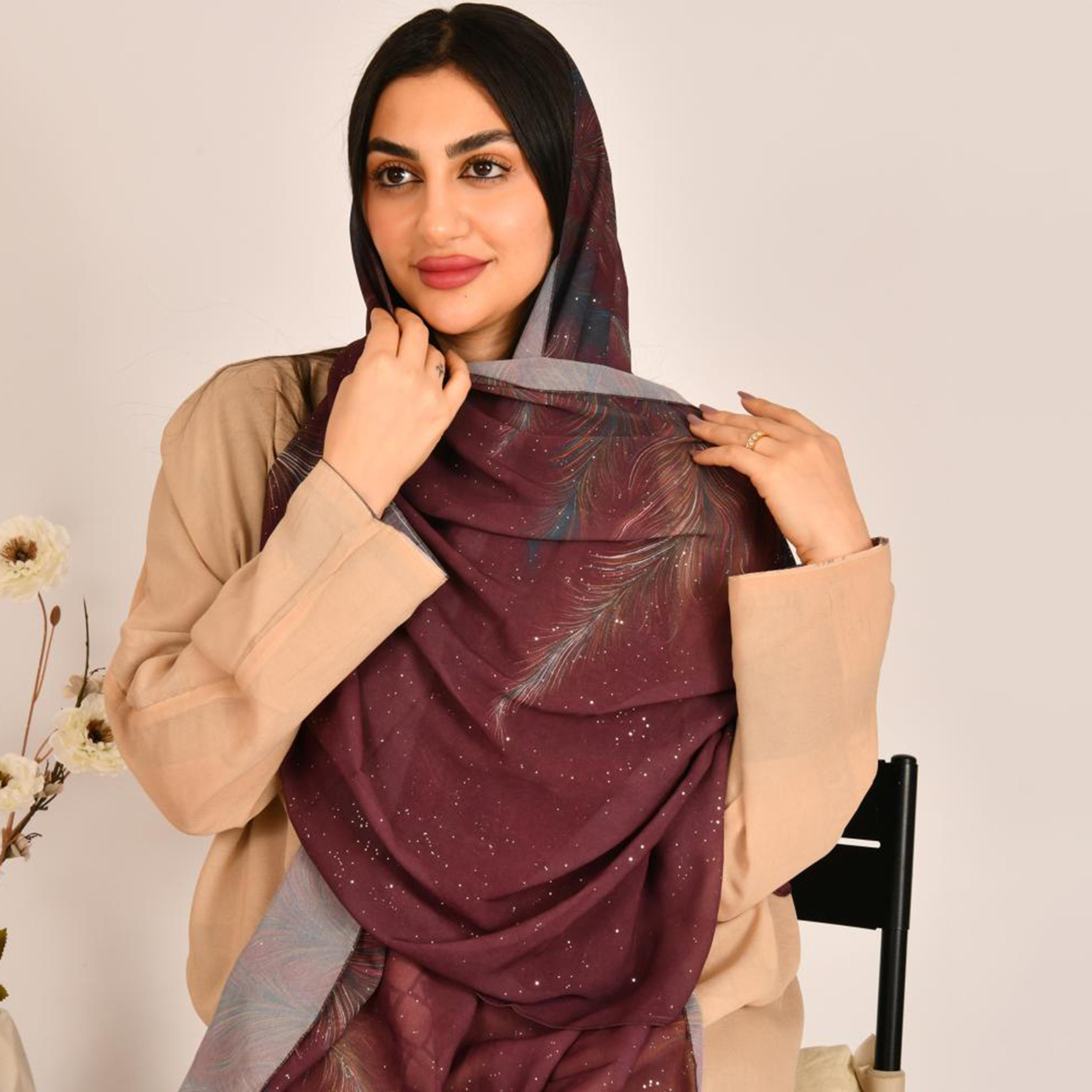 Beyond Abaya Red Feather Motifs Women's Hijab-women-arabicclothing-headscarf-hijab-image-1