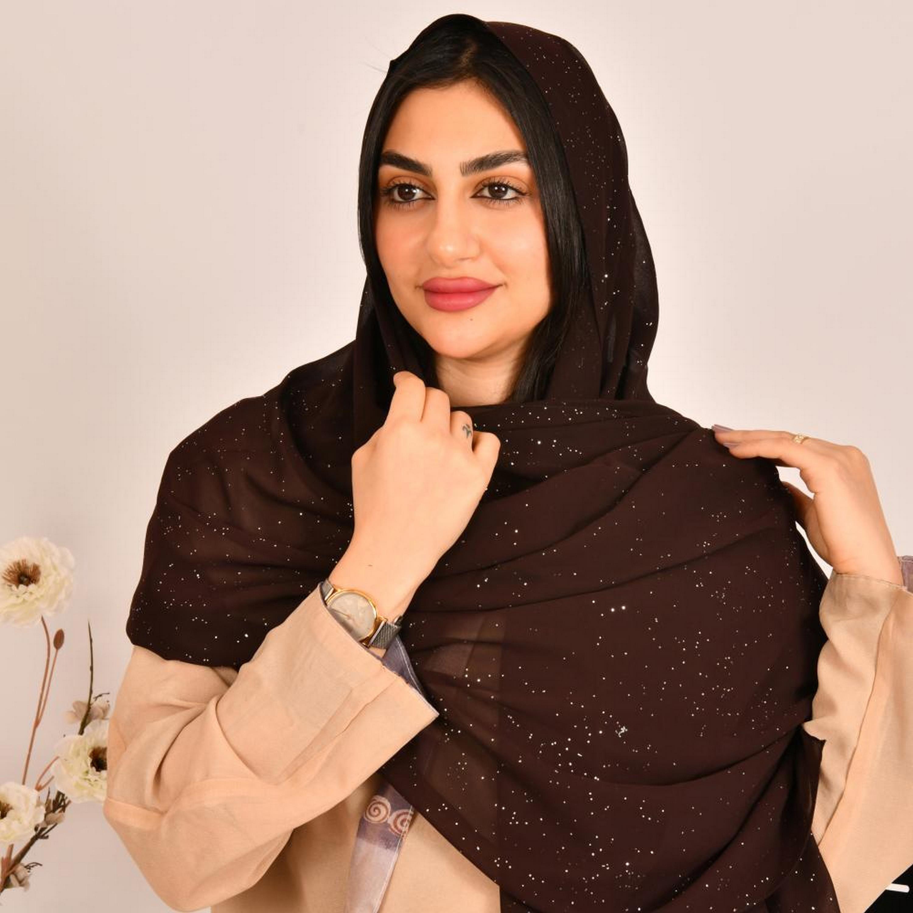 Beyond Abaya Brown Decorated with Shiny Prints Silk Women's Scarf-women-arabicclothing-headscarf-hijab-image-1