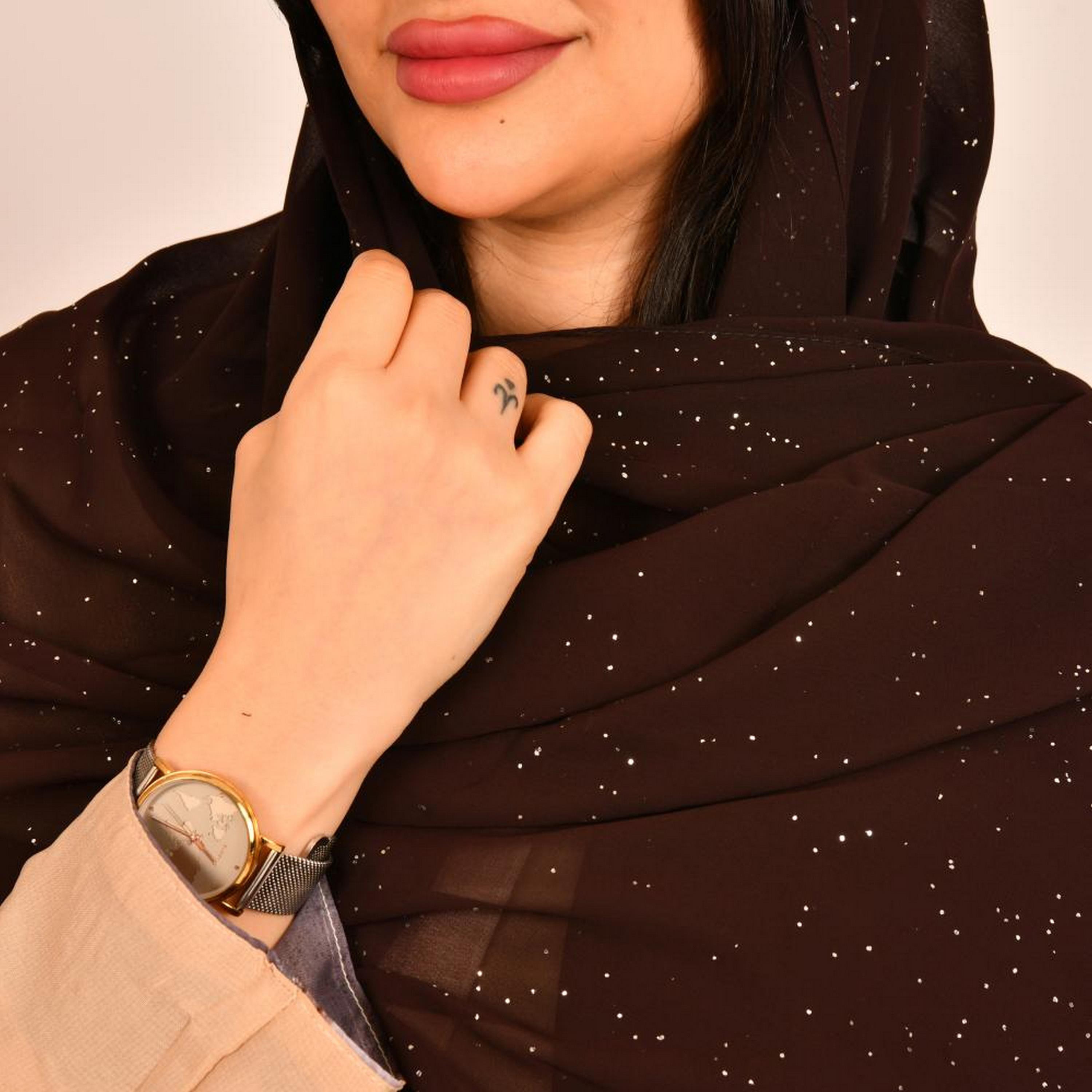 Beyond Abaya Brown Decorated with Shiny Prints Silk Women's Scarf-women-arabicclothing-headscarf-hijab-image-3