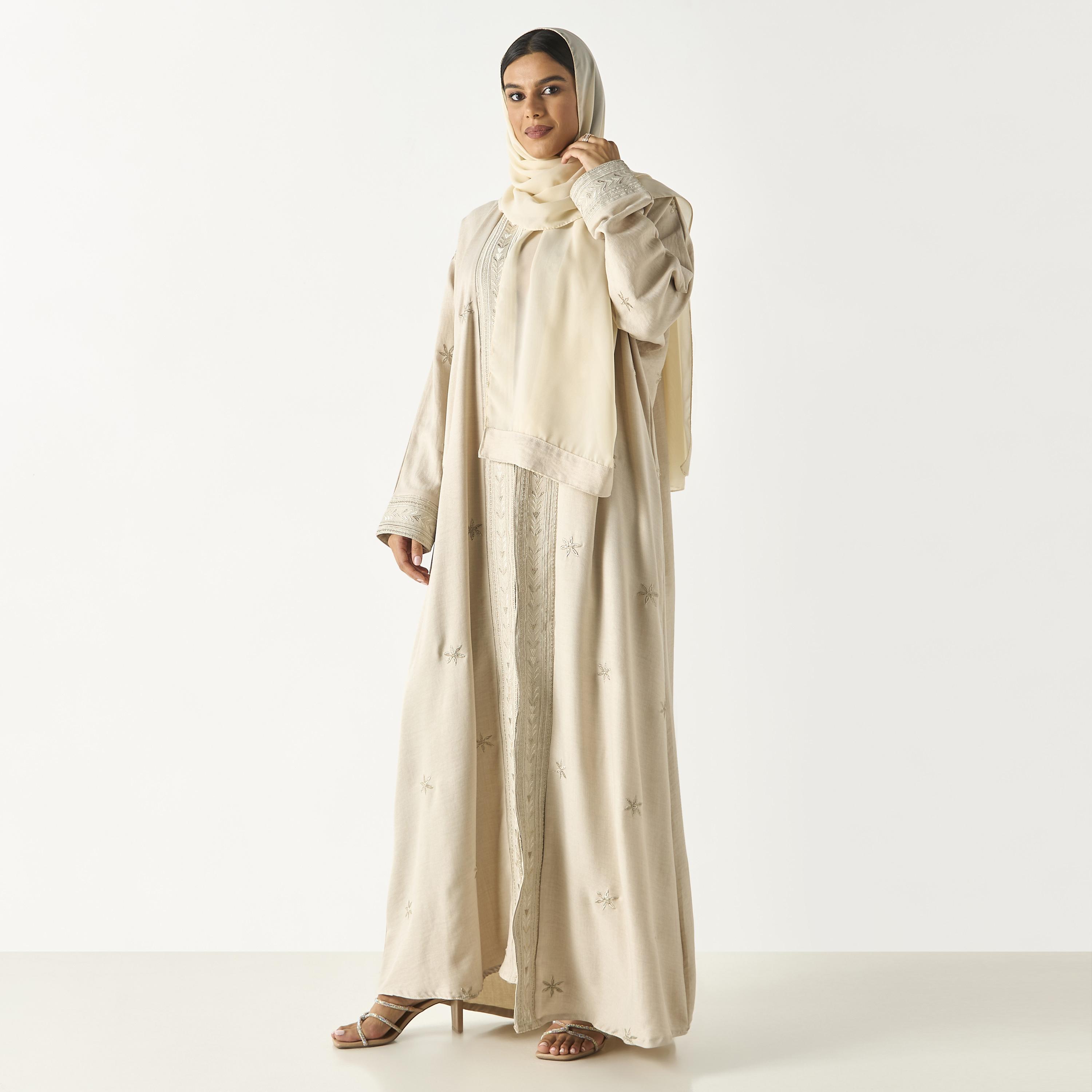 Hadiyath Al Madinah Embroidered Open Front Abaya with Hijab-women-arabicclothing-abayas-image-4