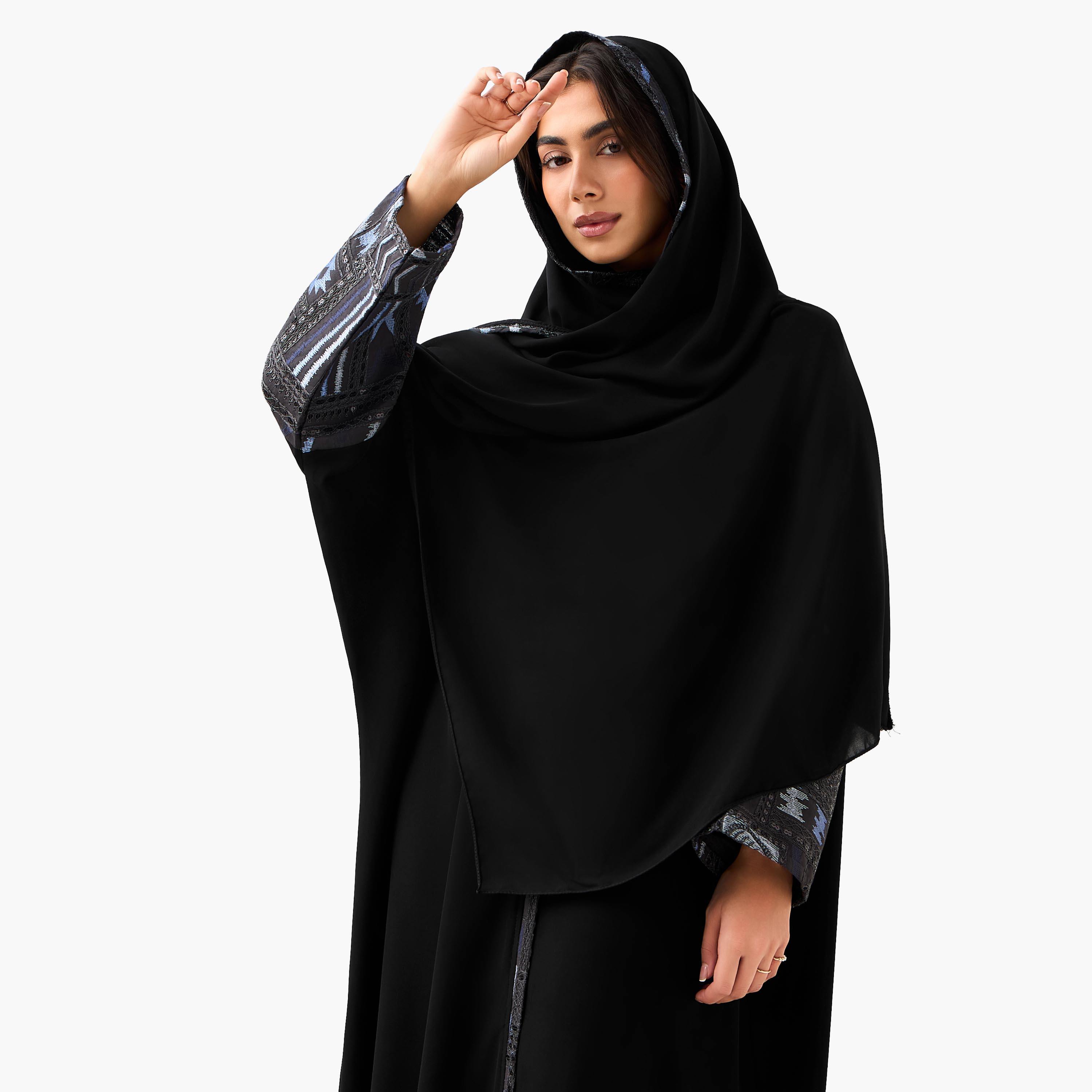 Hadiyath Al Madinah Embroidered Abaya with Hijab-women-arabicclothing-abayas-image-5