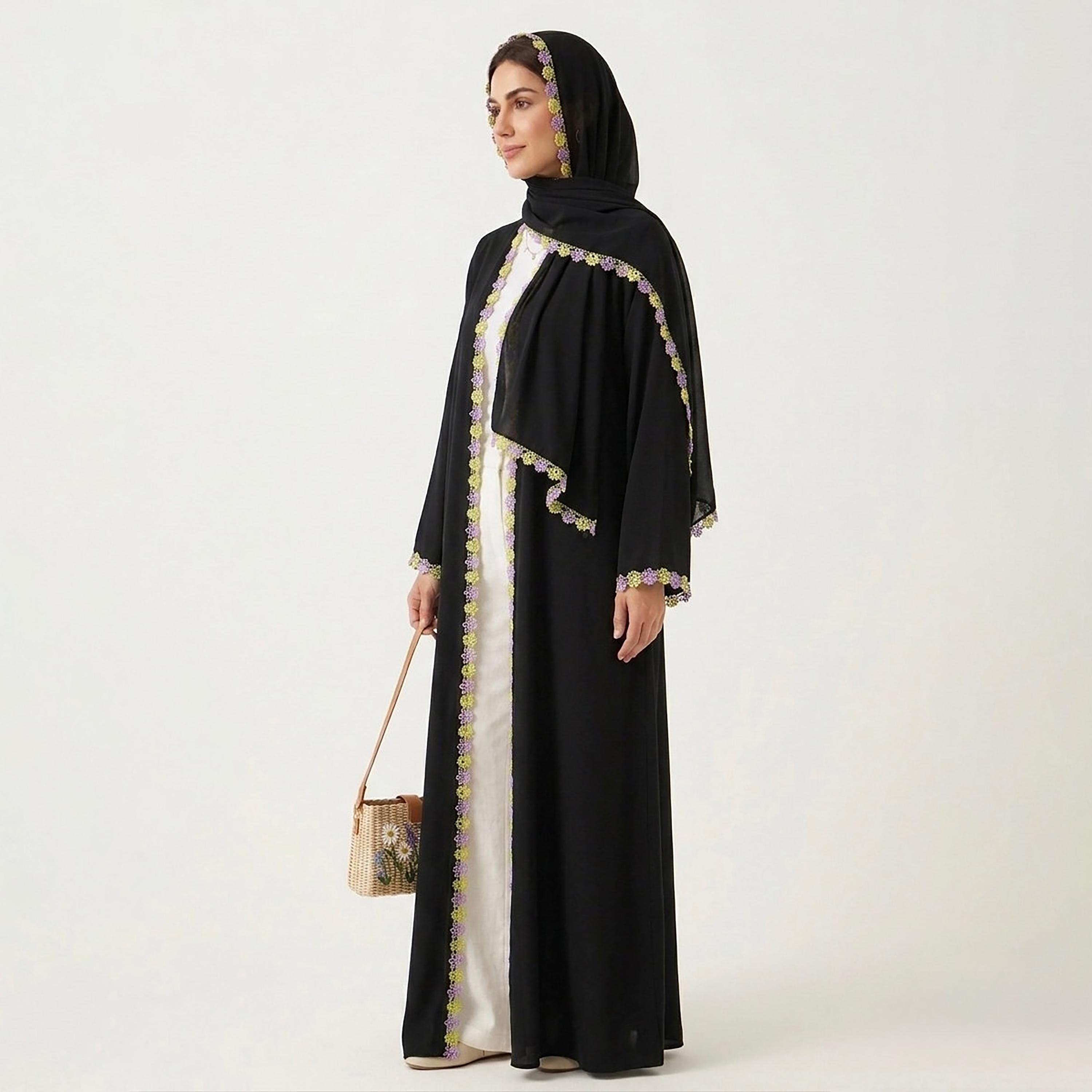 Hadiyath Al Madinah Floral Lace Trim Nida Women's Abaya-women-arabicclothing-abayas-image-1